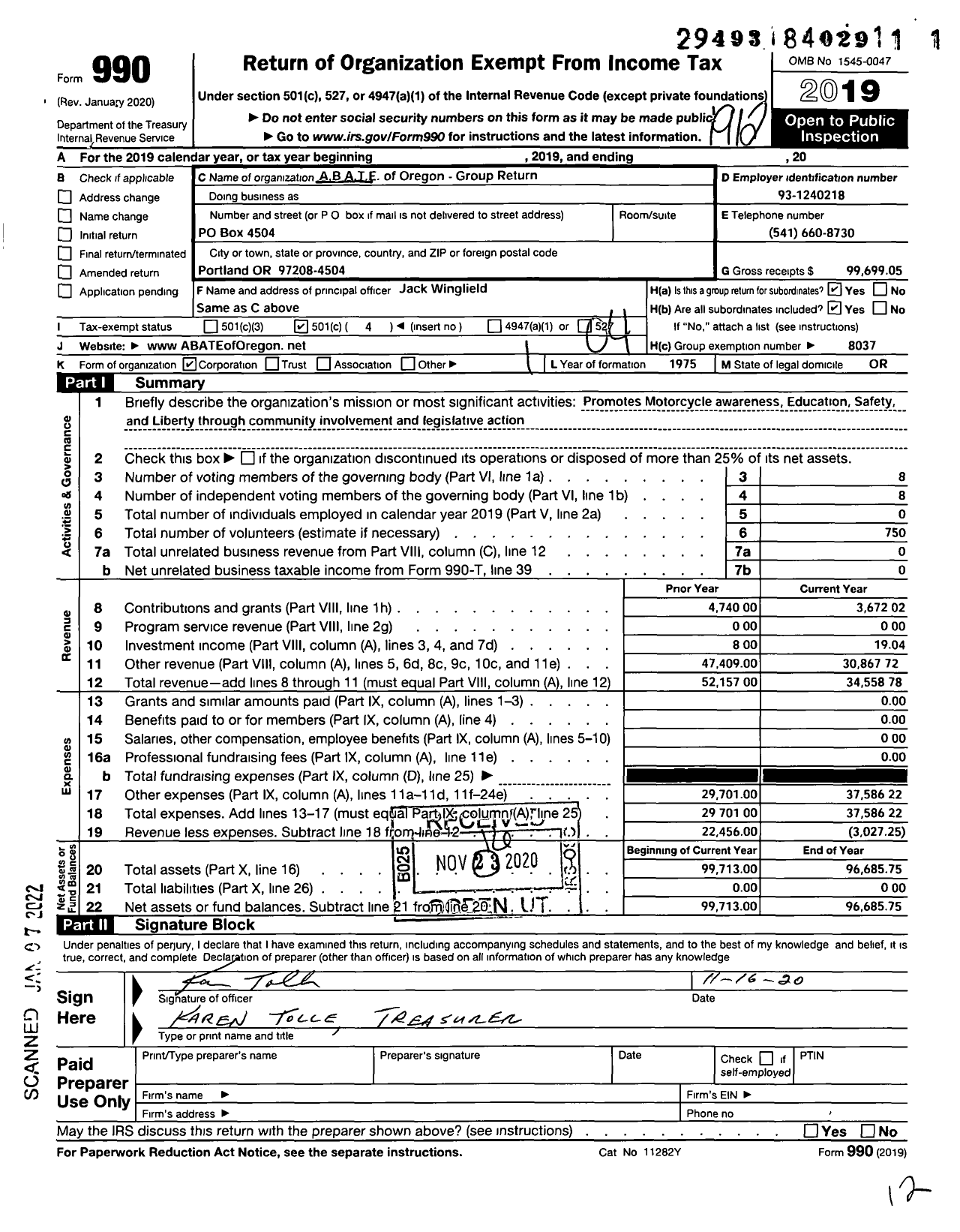 Image of first page of 2019 Form 990O for ABATE B A T E Of Oregon