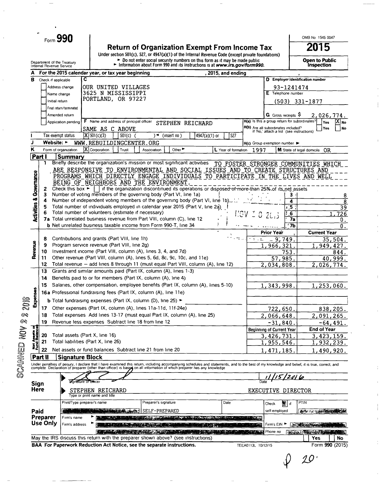 Image of first page of 2015 Form 990 for The ReBuilding Center