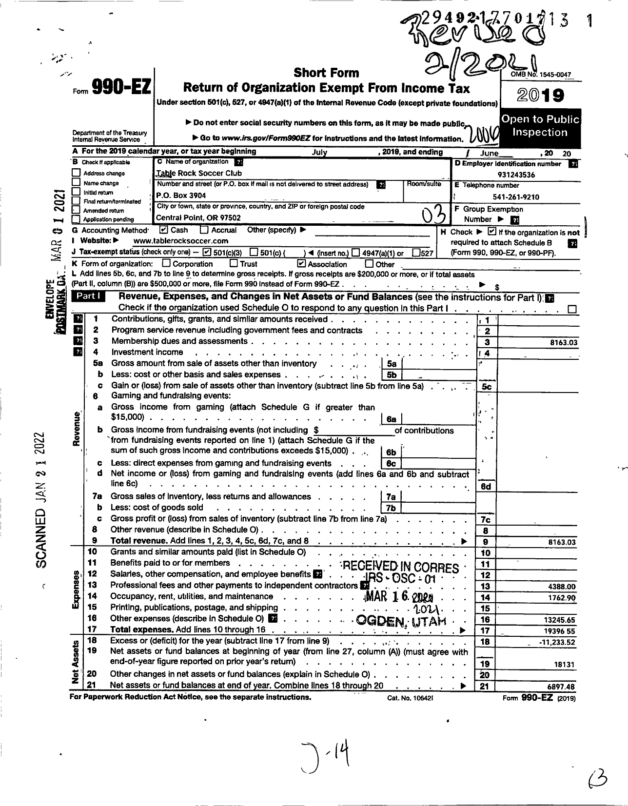 Image of first page of 2019 Form 990EZ for Table Rock Soccer Club