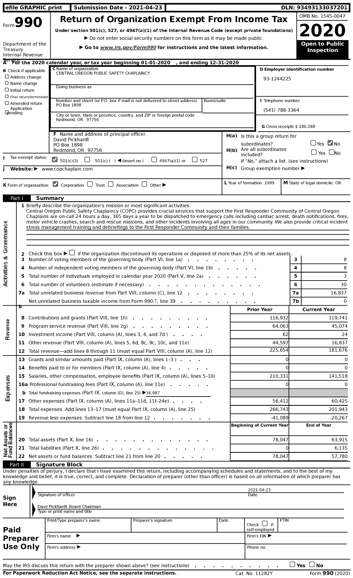 Image of first page of 2020 Form 990 for Central Oregon Public Safety Chaplaincy