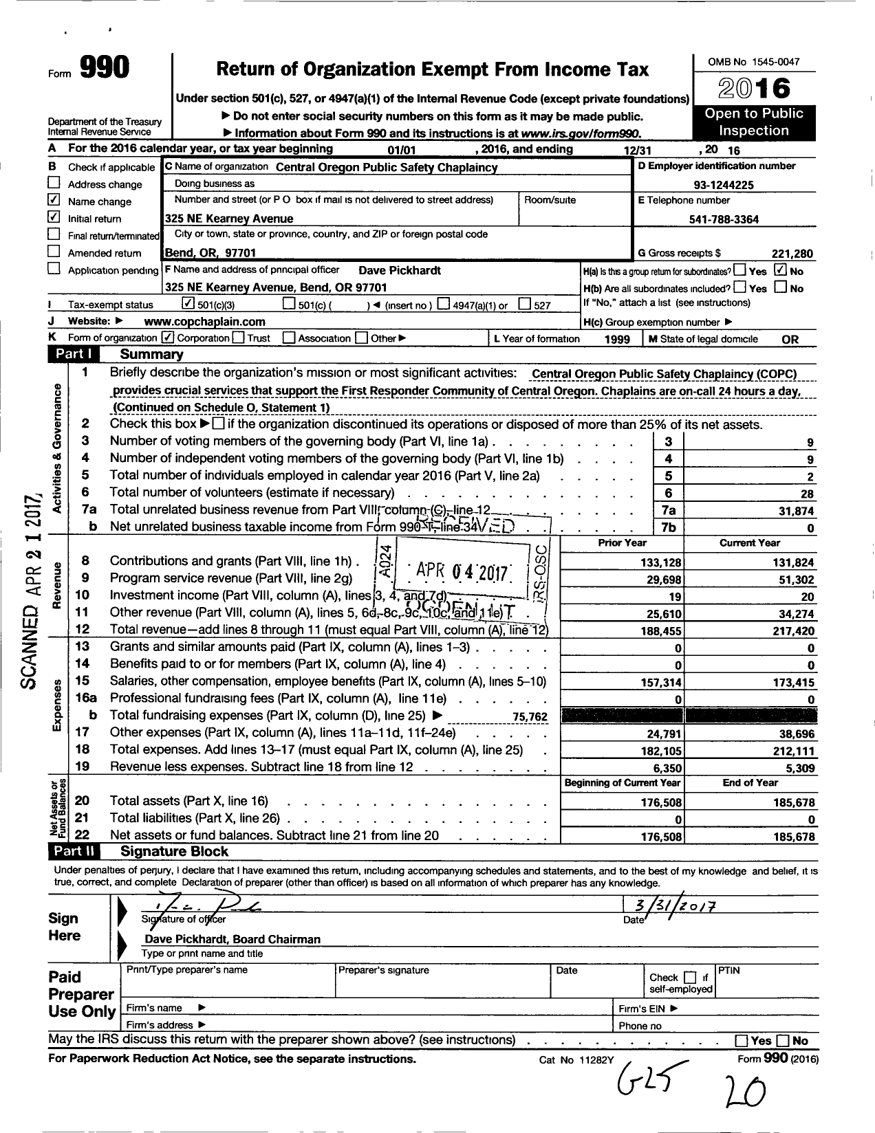 Image of first page of 2016 Form 990 for Central Oregon Public Safety Chaplaincy