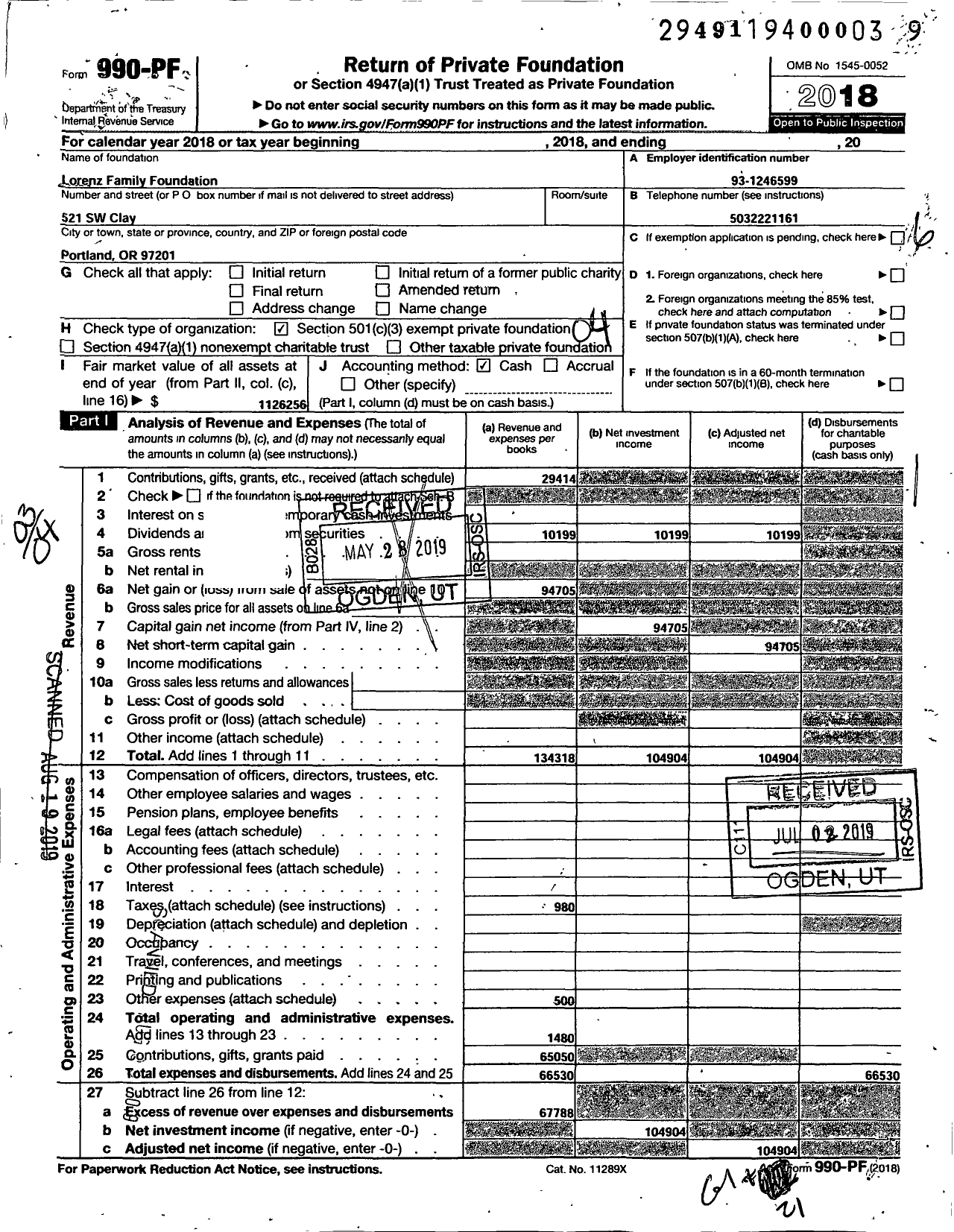 Image of first page of 2018 Form 990PF for Lorenz Family Foundation