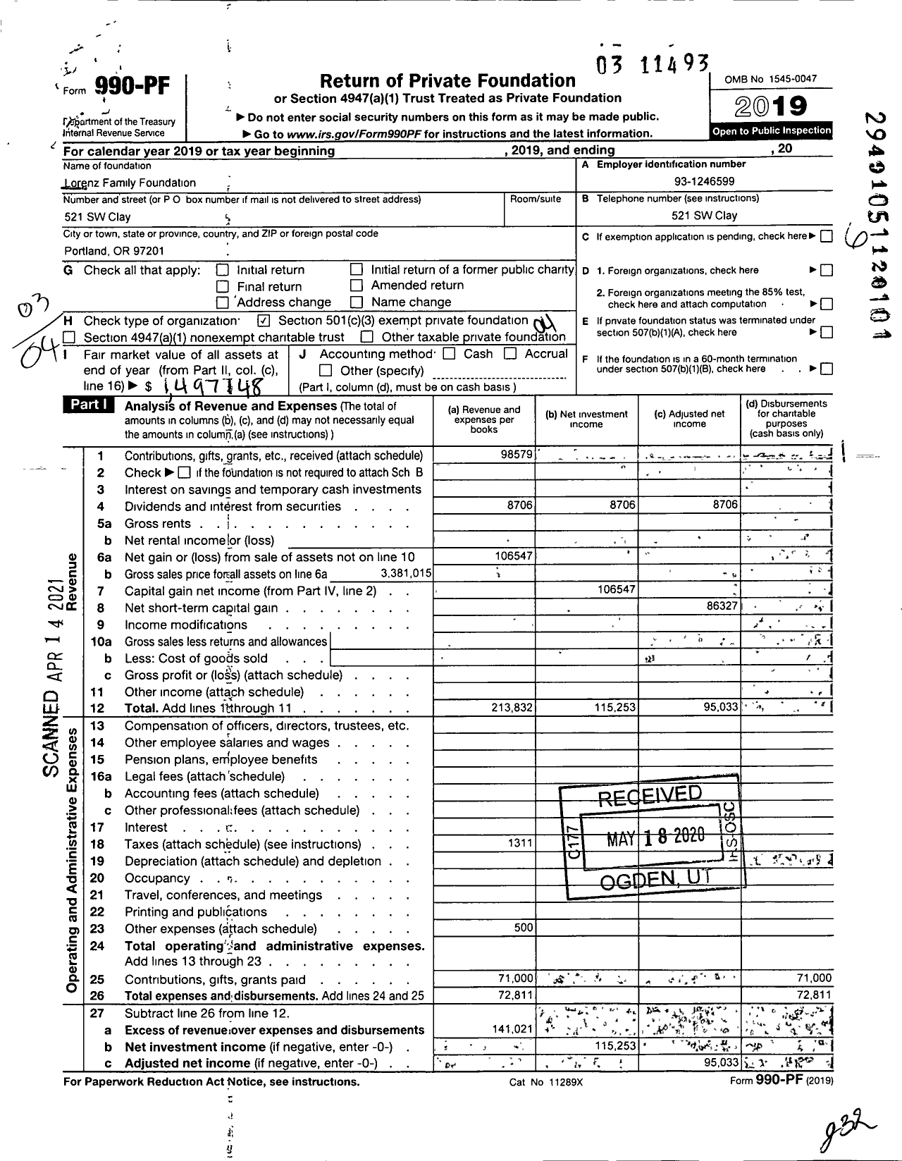 Image of first page of 2019 Form 990PF for Lorenz Family Foundation