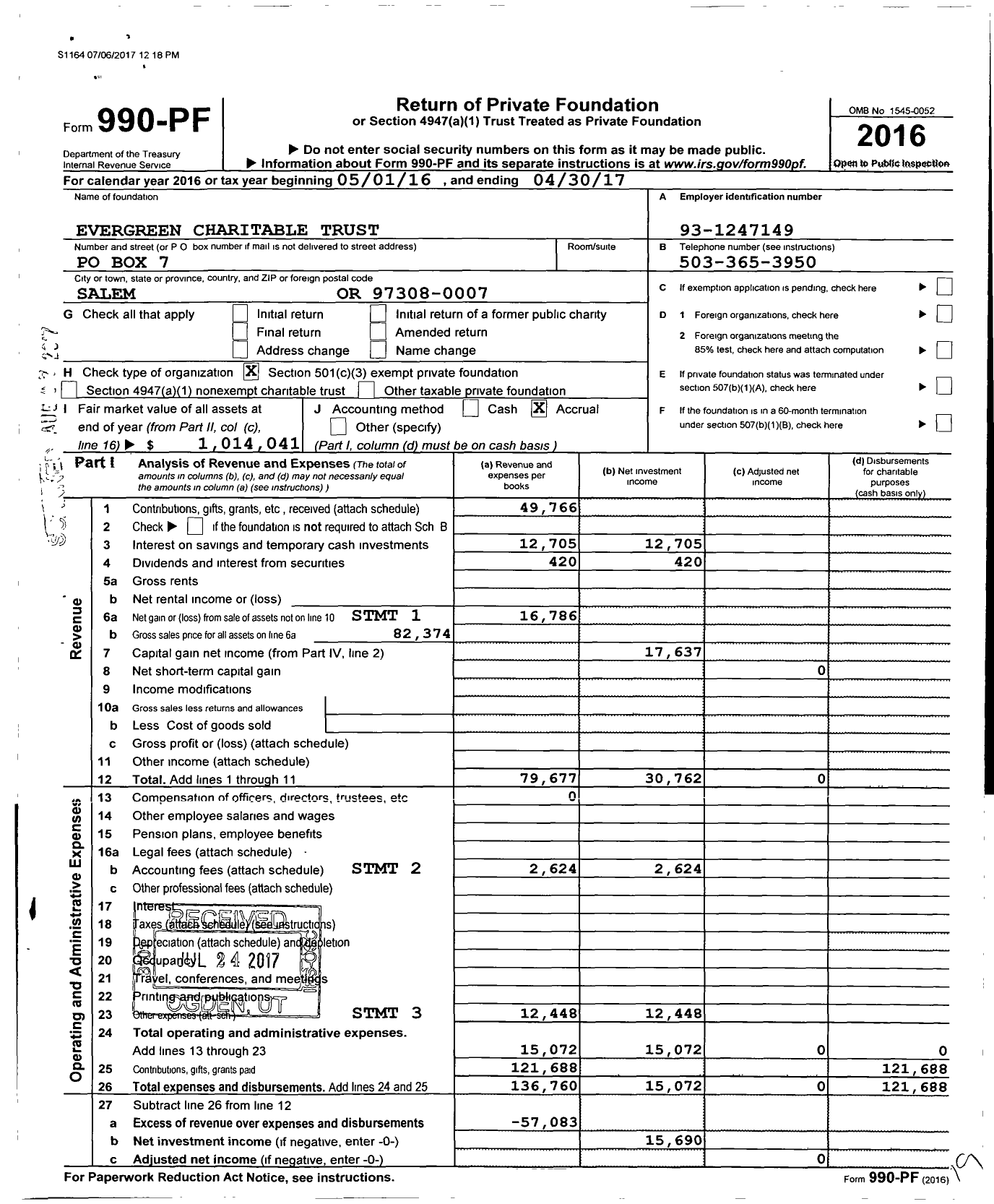 Image of first page of 2016 Form 990PF for Evergreen Charitable Trust