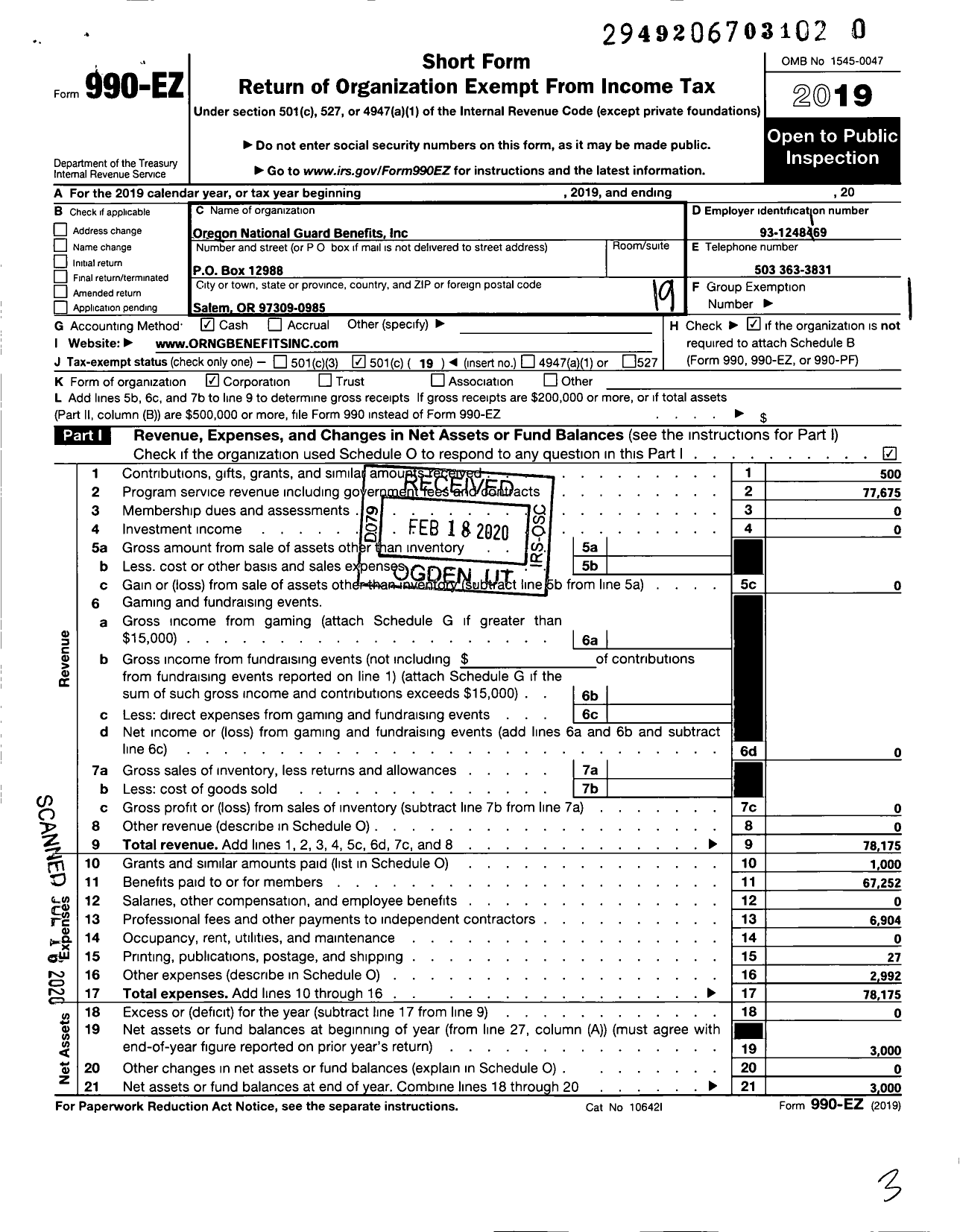 Image of first page of 2019 Form 990EO for Oregon National Guard Benefits