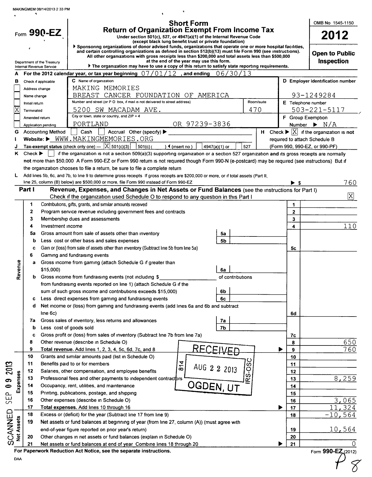 Image of first page of 2012 Form 990EZ for Making Memories Breast Cancer Foundation of America