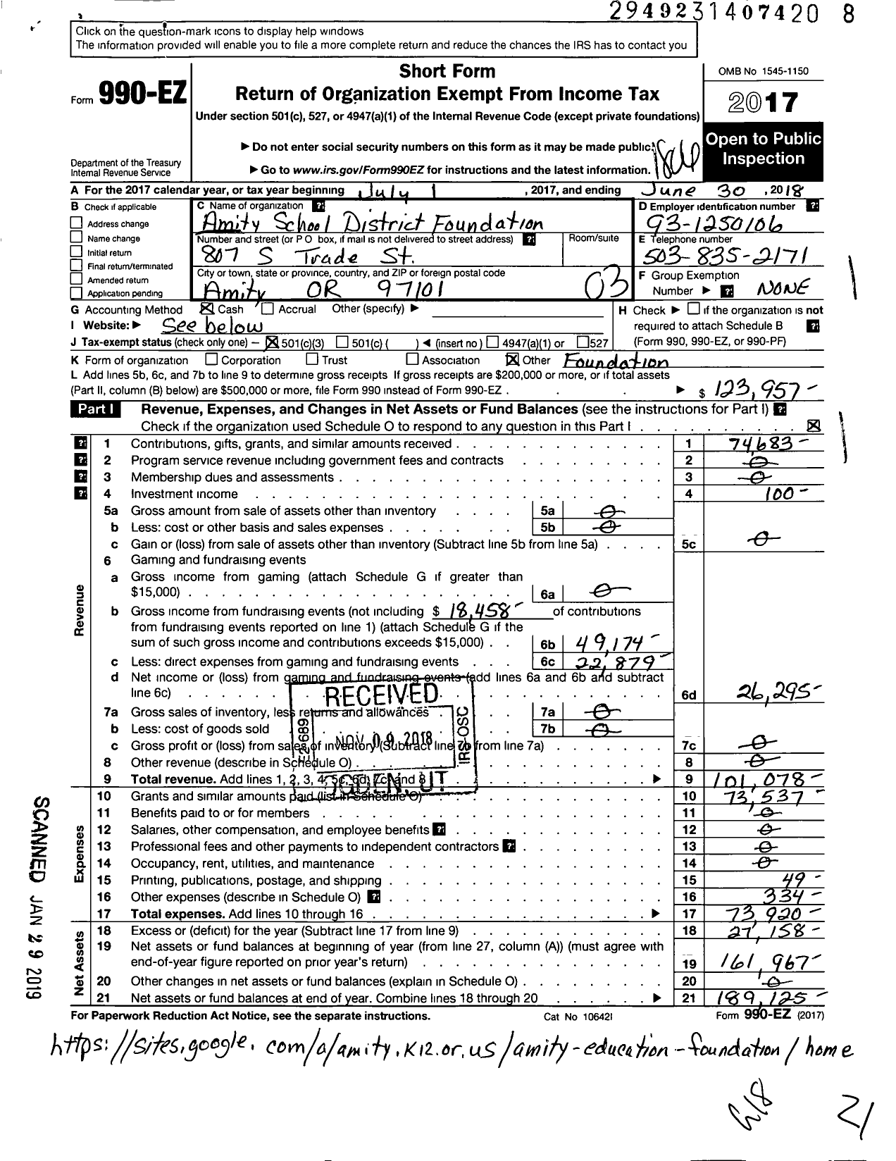 Image of first page of 2017 Form 990EZ for Amity School District Foundation