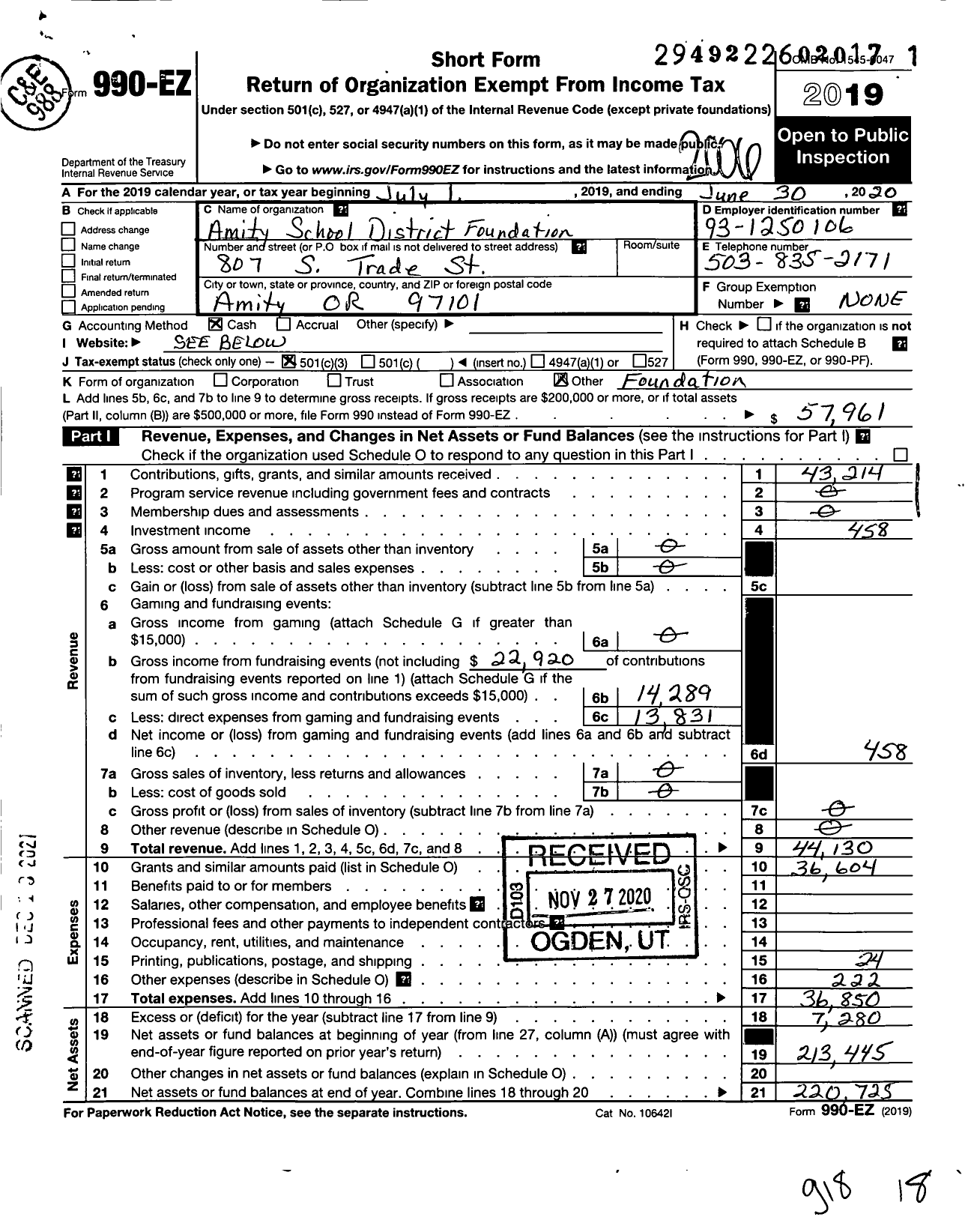 Image of first page of 2019 Form 990EZ for Amity School District Foundation