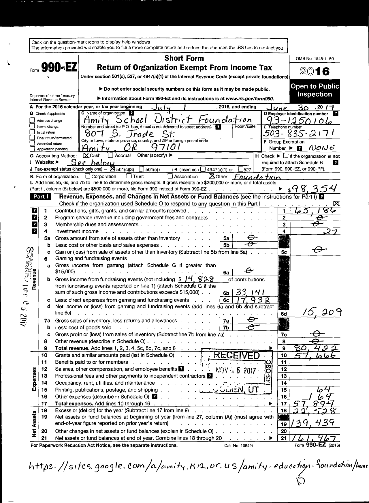 Image of first page of 2016 Form 990EZ for Amity School District Foundation