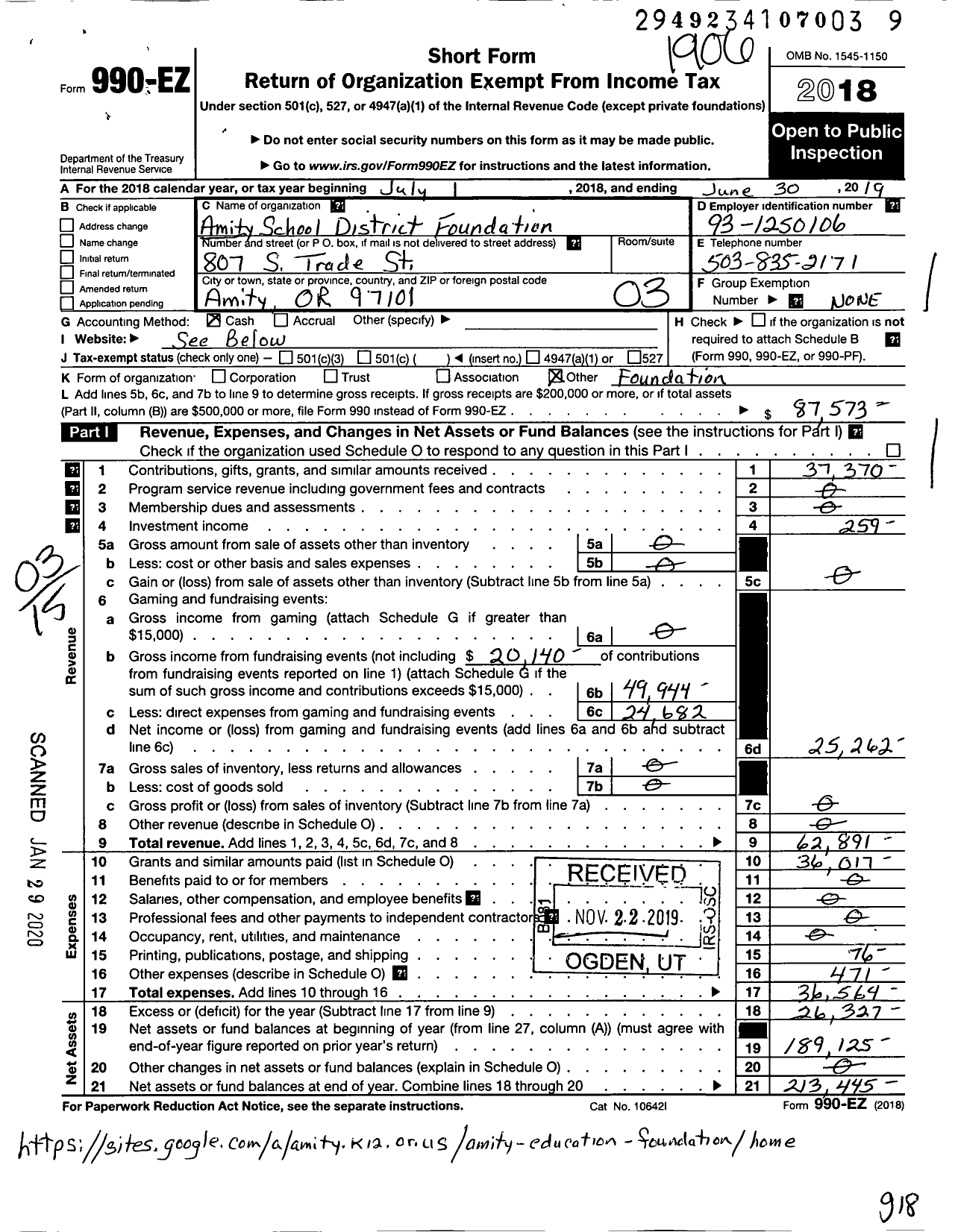 Image of first page of 2018 Form 990EZ for Amity School District Foundation