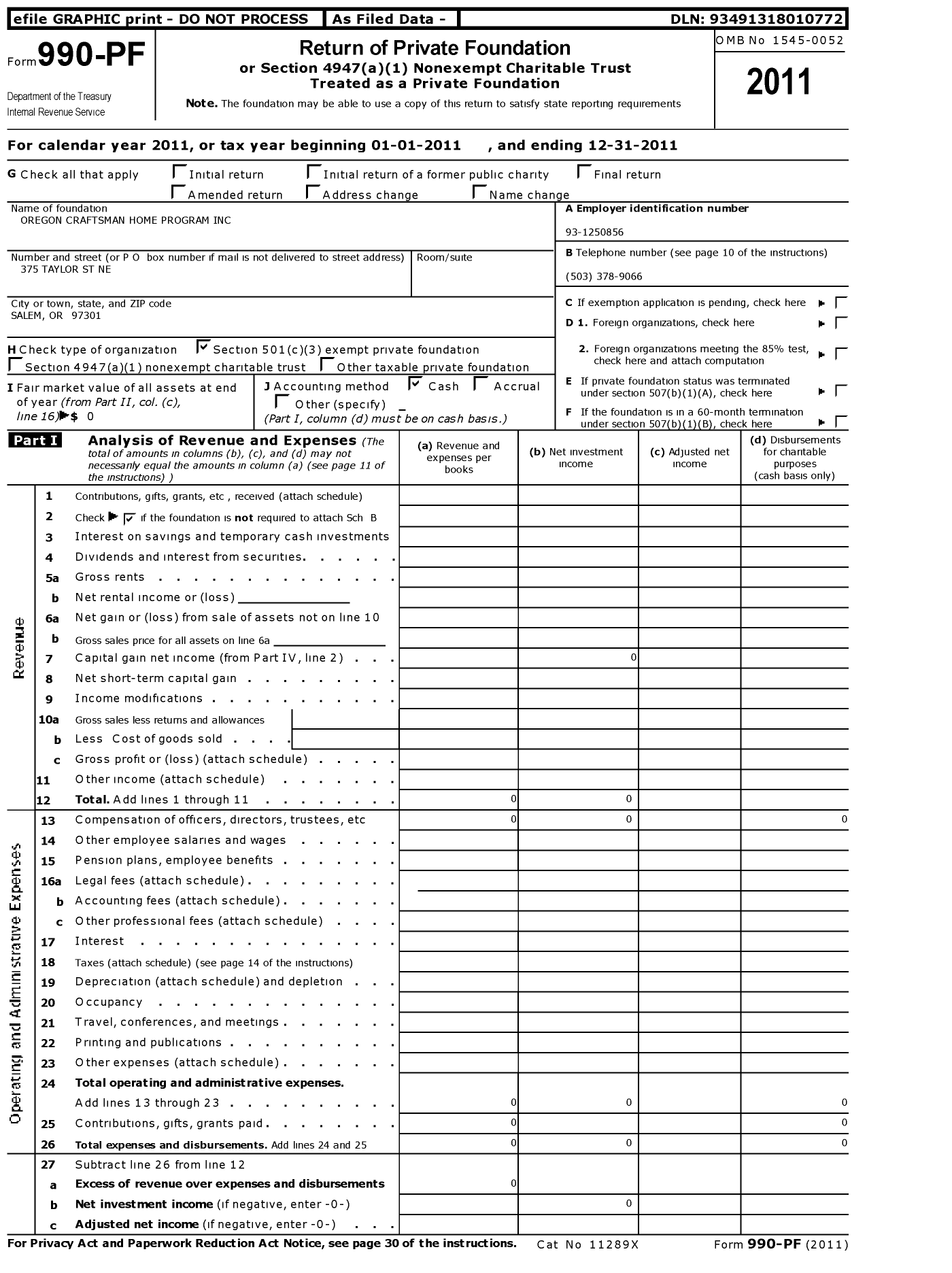 Image of first page of 2011 Form 990PF for Oregon Craftsman Home Program