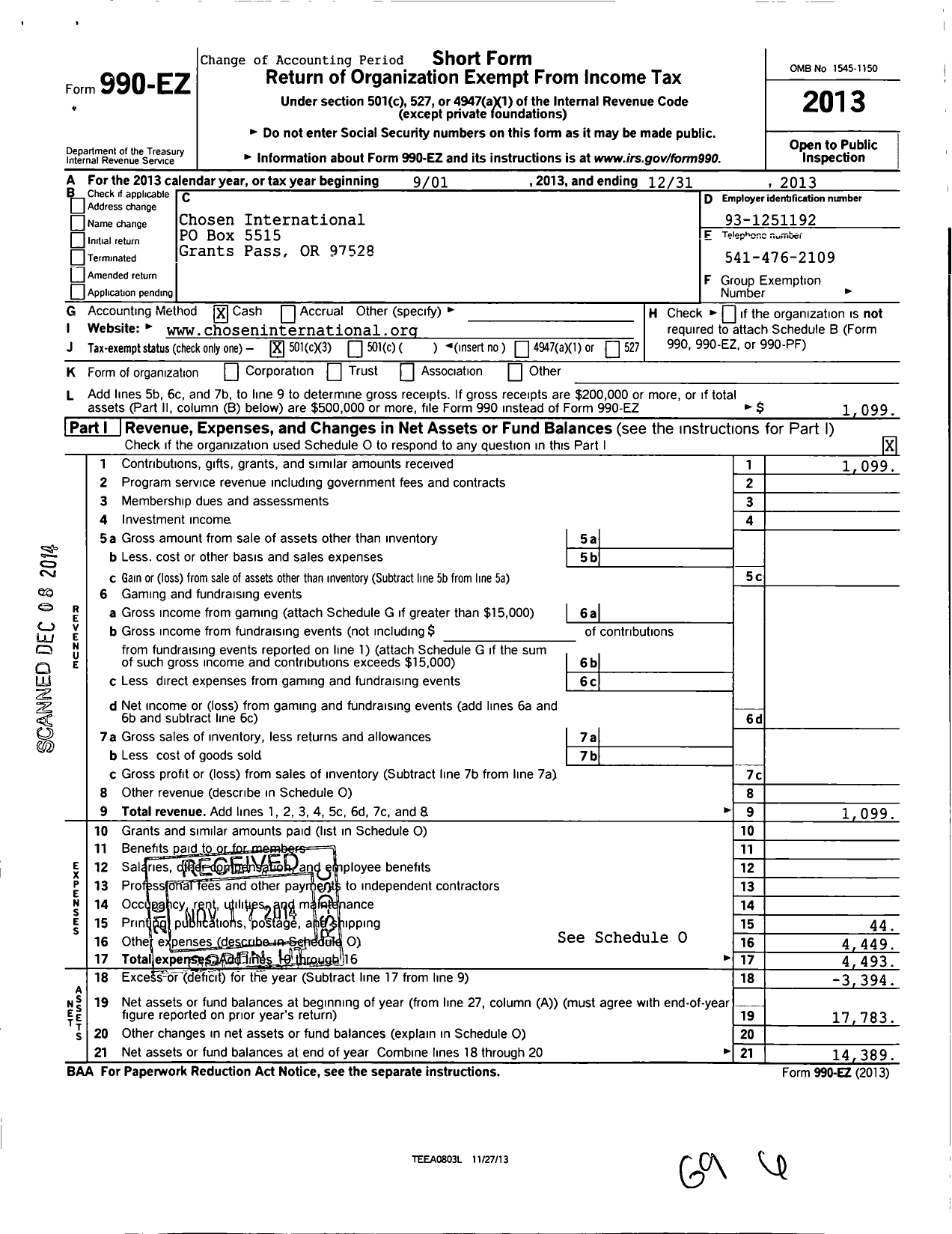 Image of first page of 2013 Form 990EZ for Chosen International