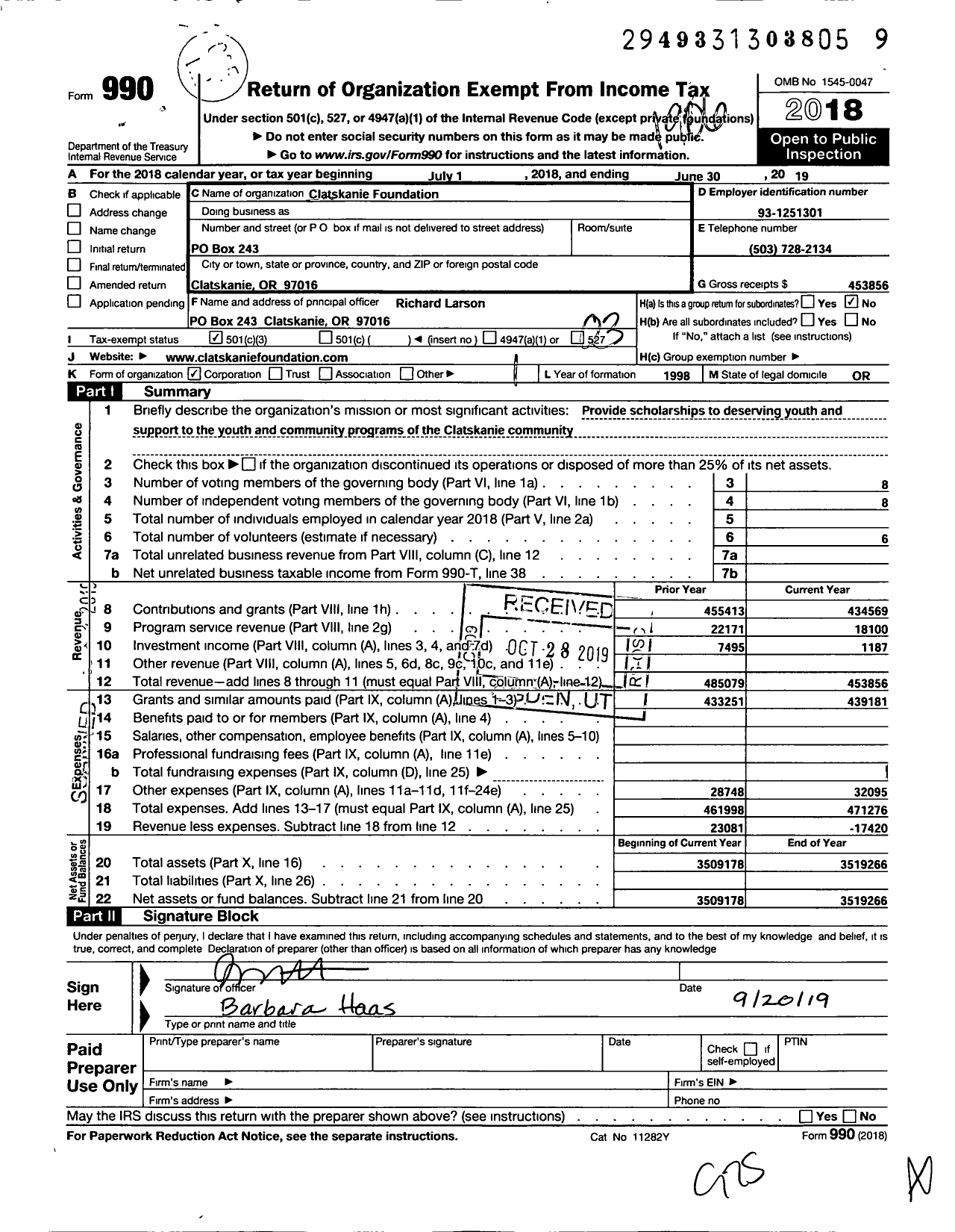 Image of first page of 2018 Form 990 for Clatskanie Foundation