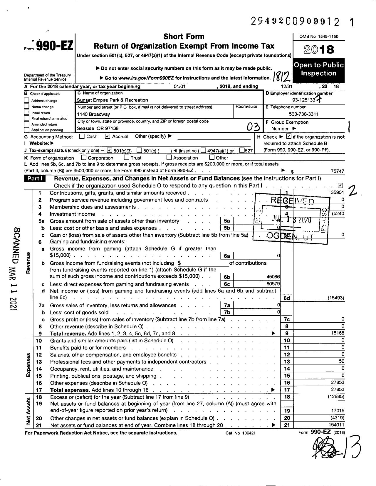 Image of first page of 2018 Form 990EZ for Sunset Empire Park and Recreation District Foundation