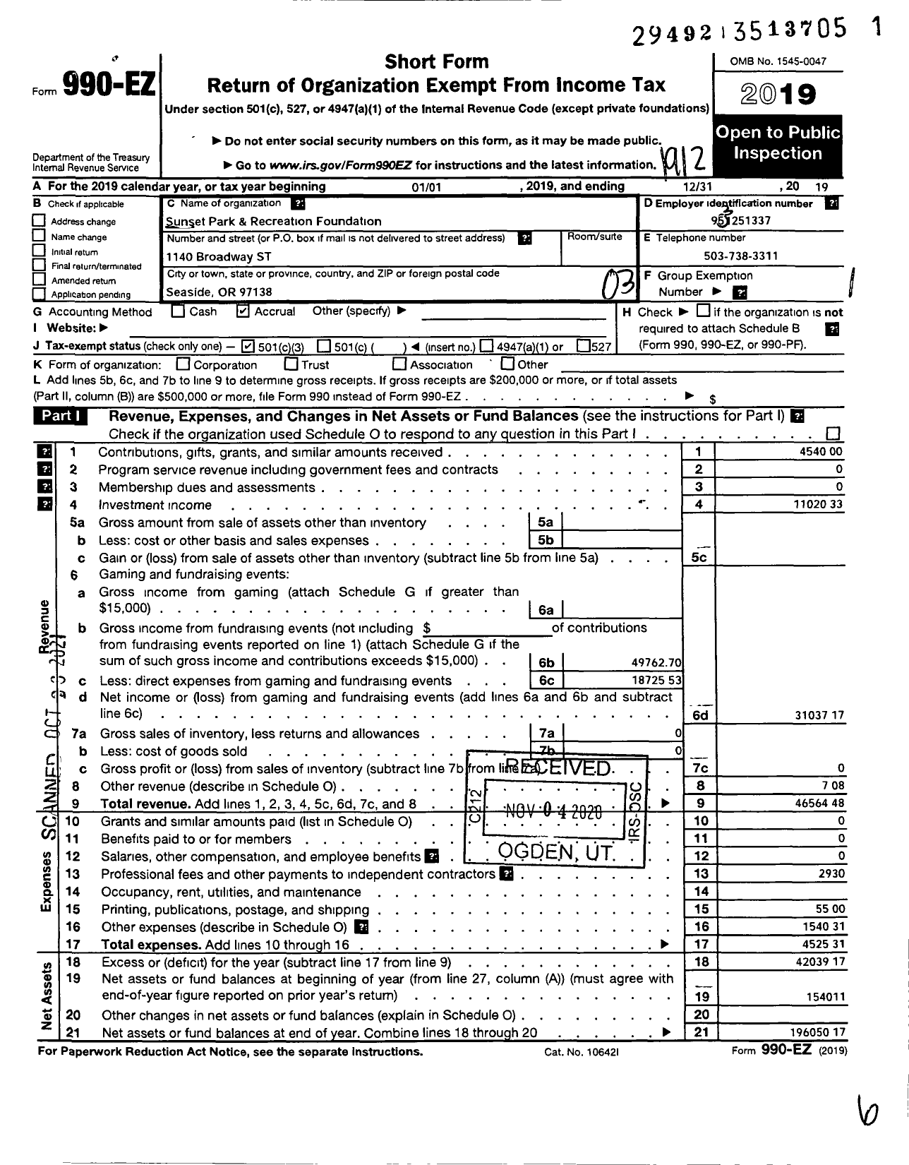 Image of first page of 2019 Form 990EZ for Sunset Empire Park and Recreation District Foundation