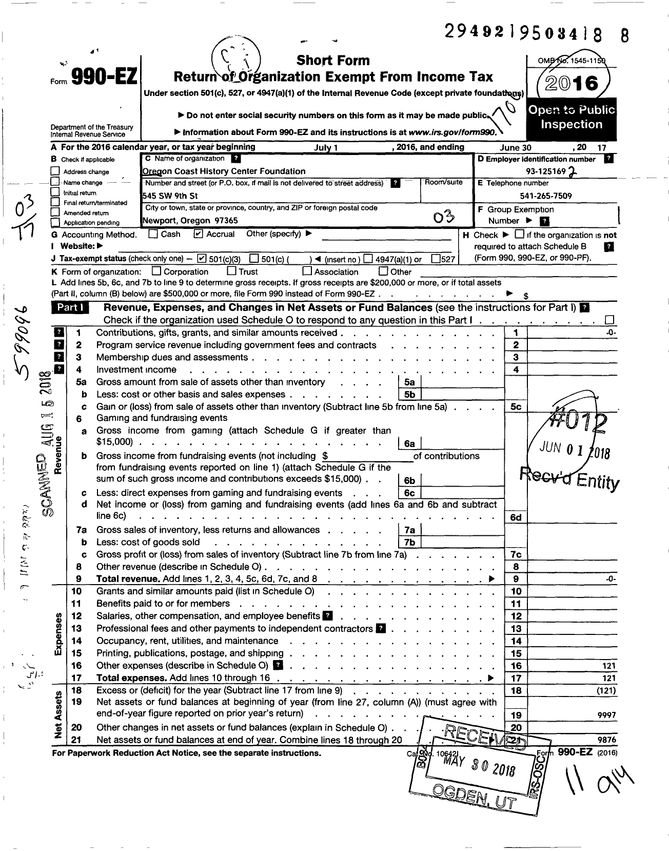 Image of first page of 2016 Form 990EZ for Oregon Coast History Center Foundation