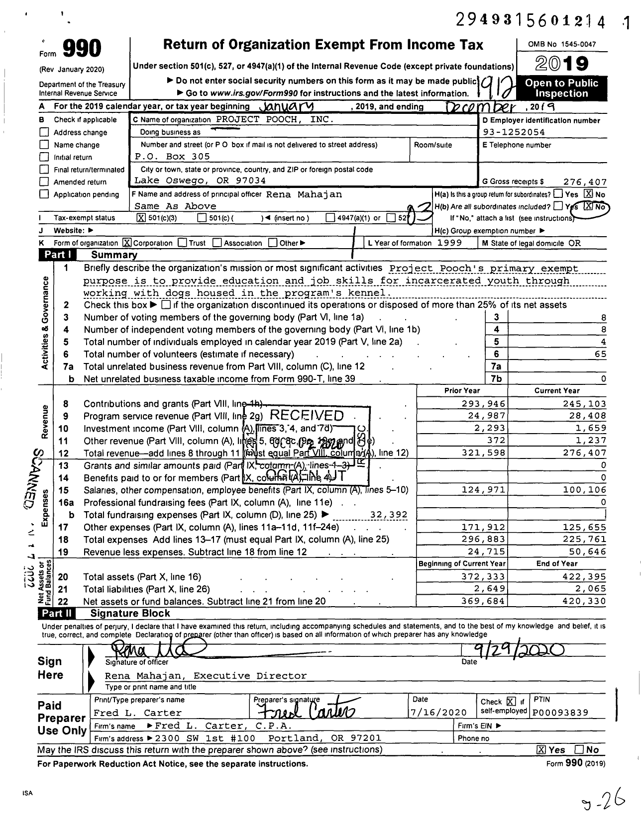 Image of first page of 2019 Form 990 for Project Pooch