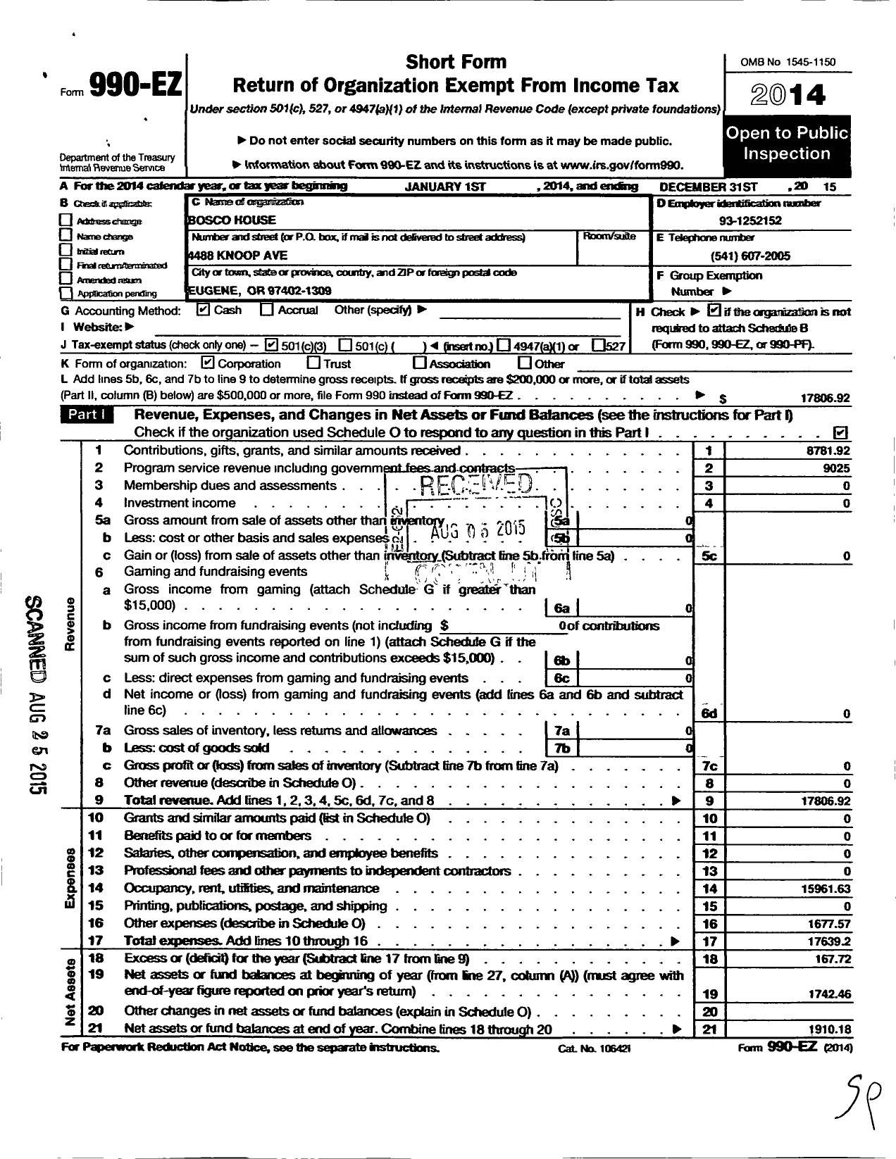 Image of first page of 2015 Form 990EZ for Bosco House