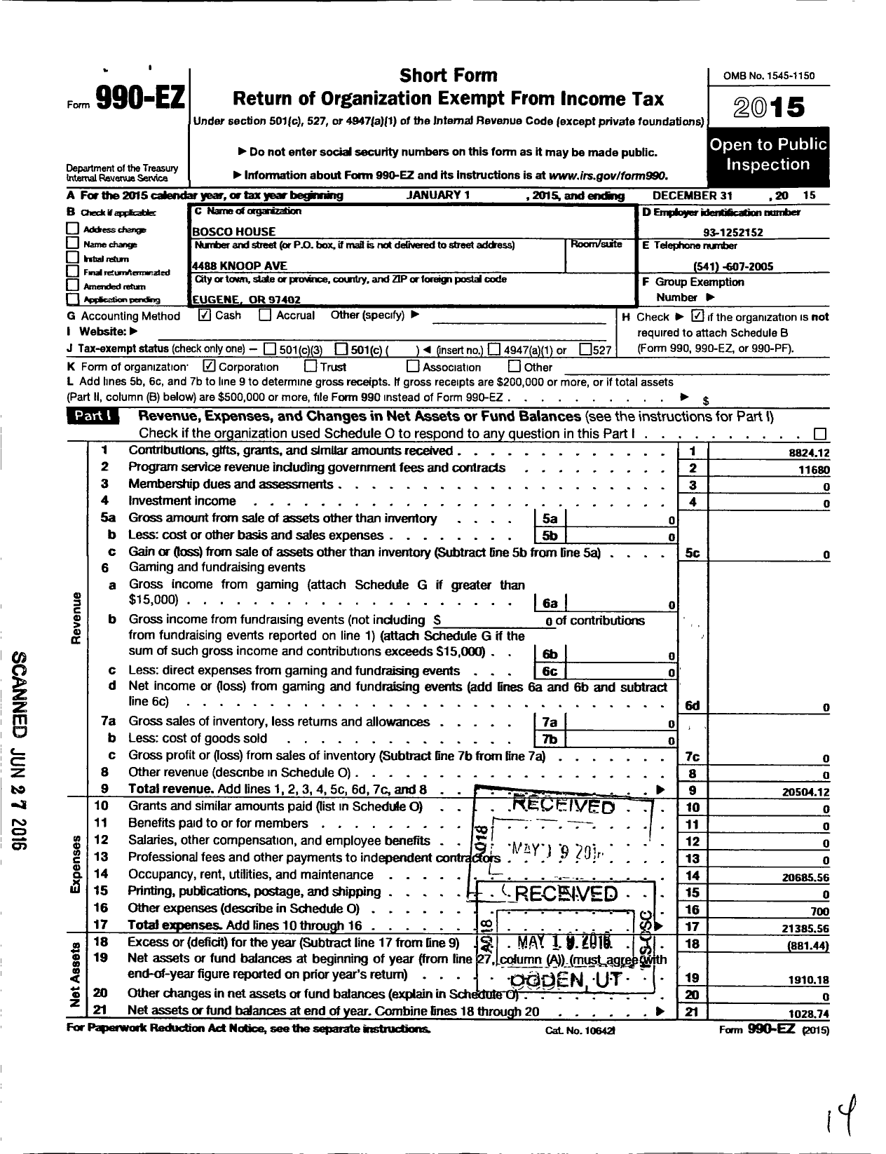 Image of first page of 2015 Form 990EO for Bosco House