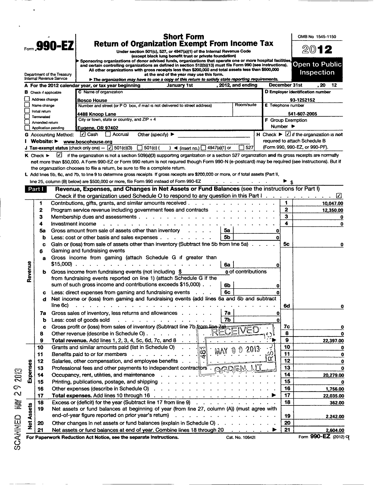 Image of first page of 2012 Form 990EZ for Bosco House