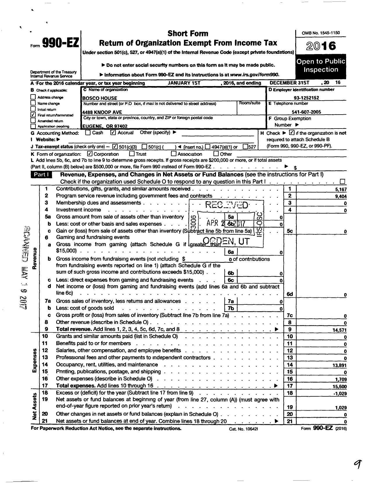 Image of first page of 2016 Form 990EZ for Bosco House