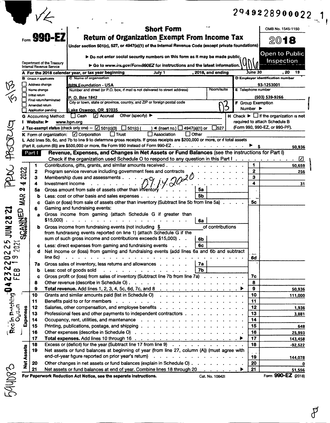 Image of first page of 2018 Form 990EZ for BPN Foundation USA