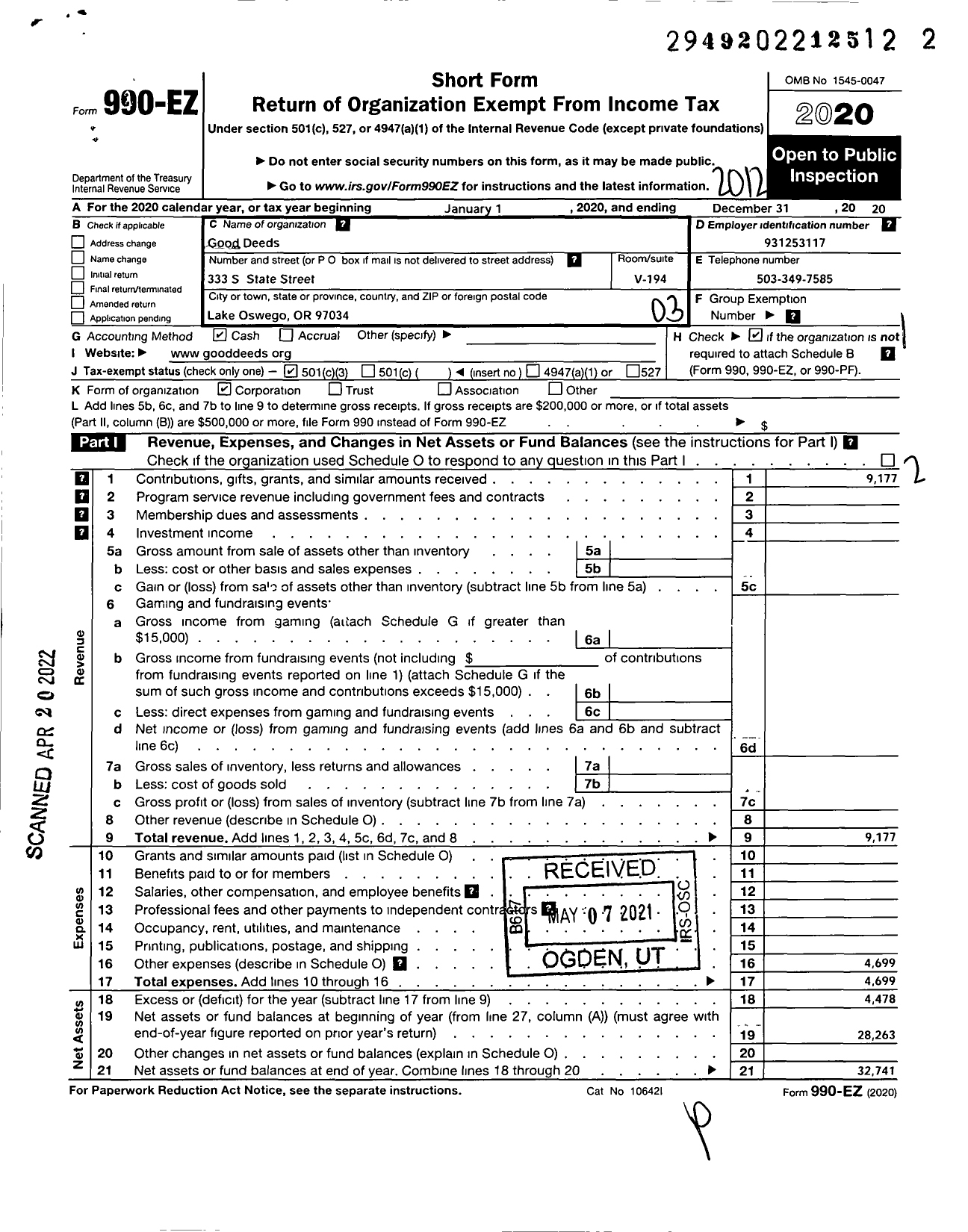 Image of first page of 2020 Form 990EZ for Good Deeds