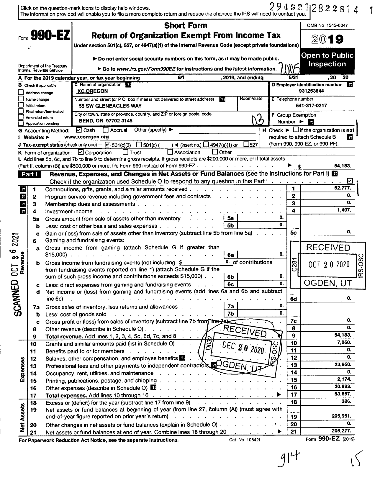 Image of first page of 2019 Form 990EZ for XC Oregon