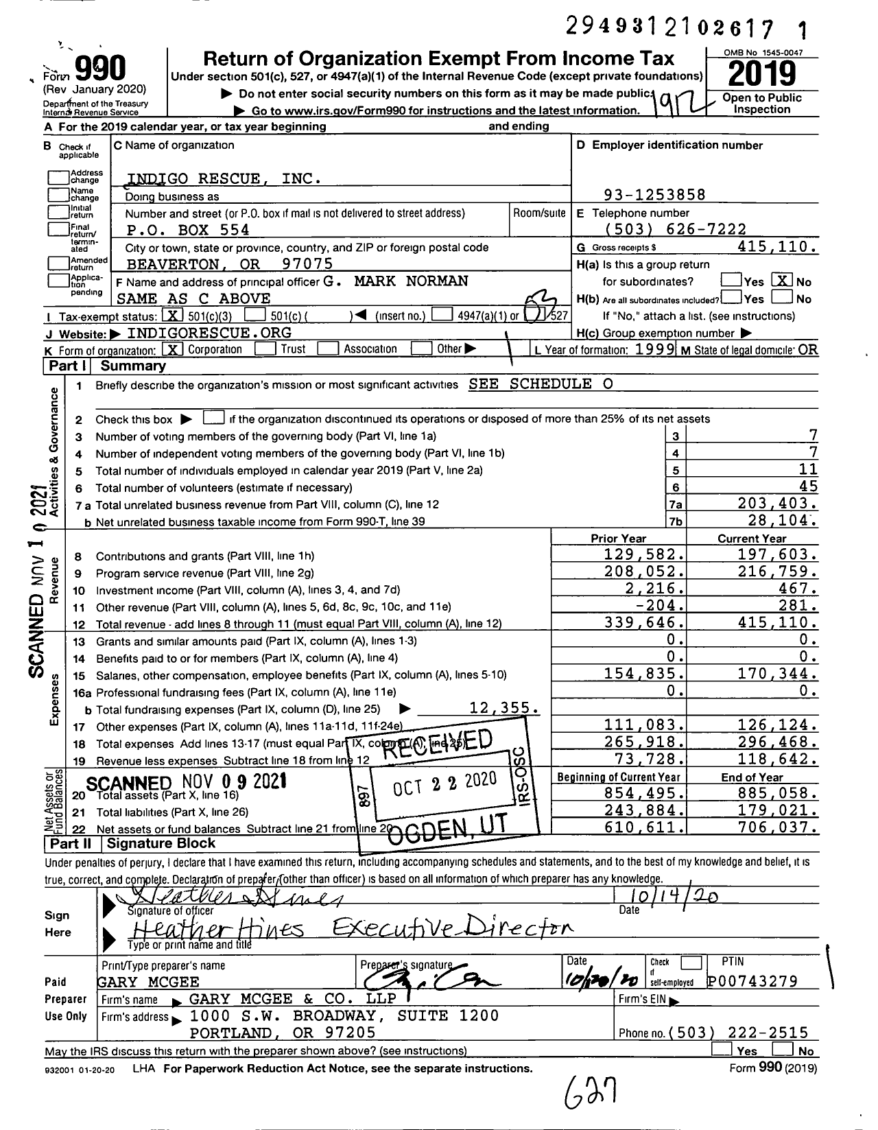 Image of first page of 2019 Form 990 for Indigo Rescue