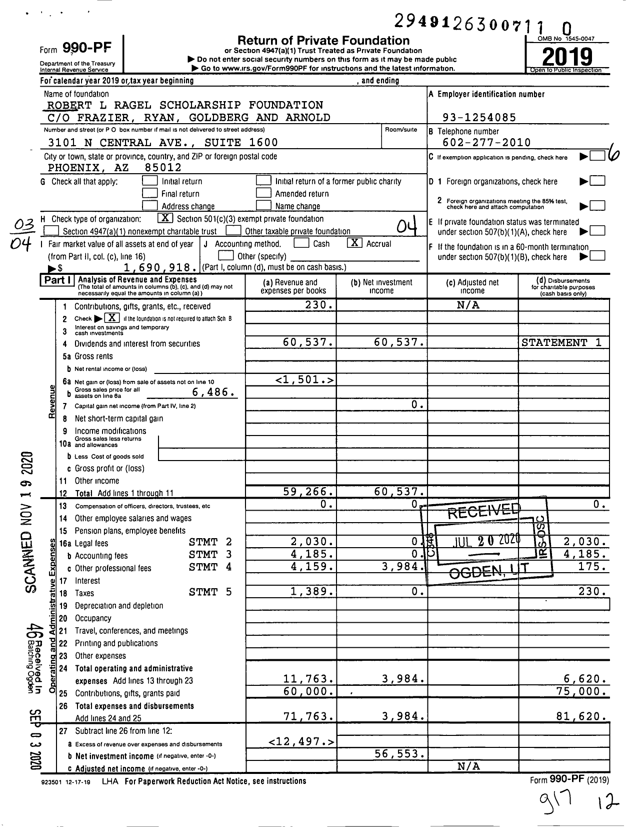 Image of first page of 2019 Form 990PF for Robert L Ragel Scholarship Foundation