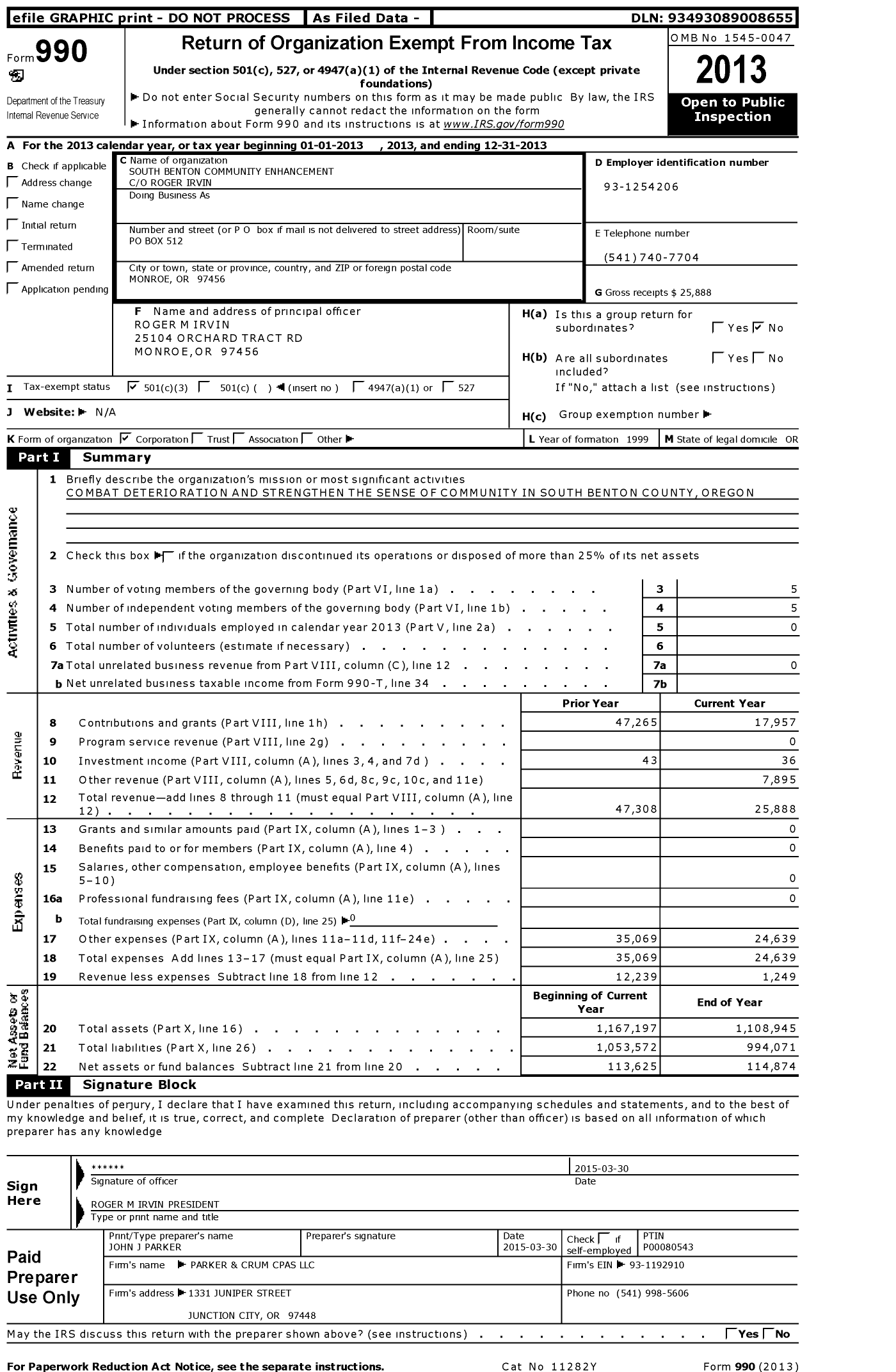 Image of first page of 2013 Form 990 for South Benton Community Enhancement