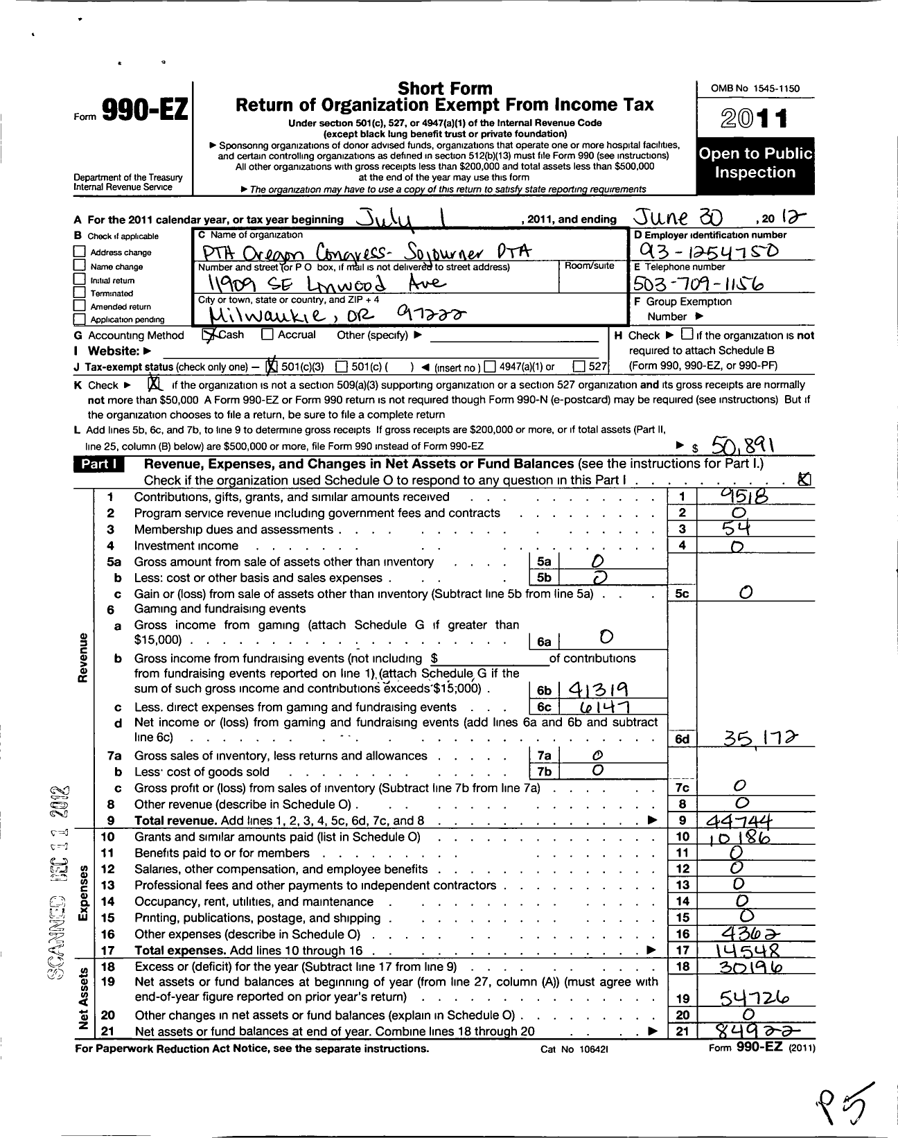 Image of first page of 2011 Form 990EZ for Sojourner School