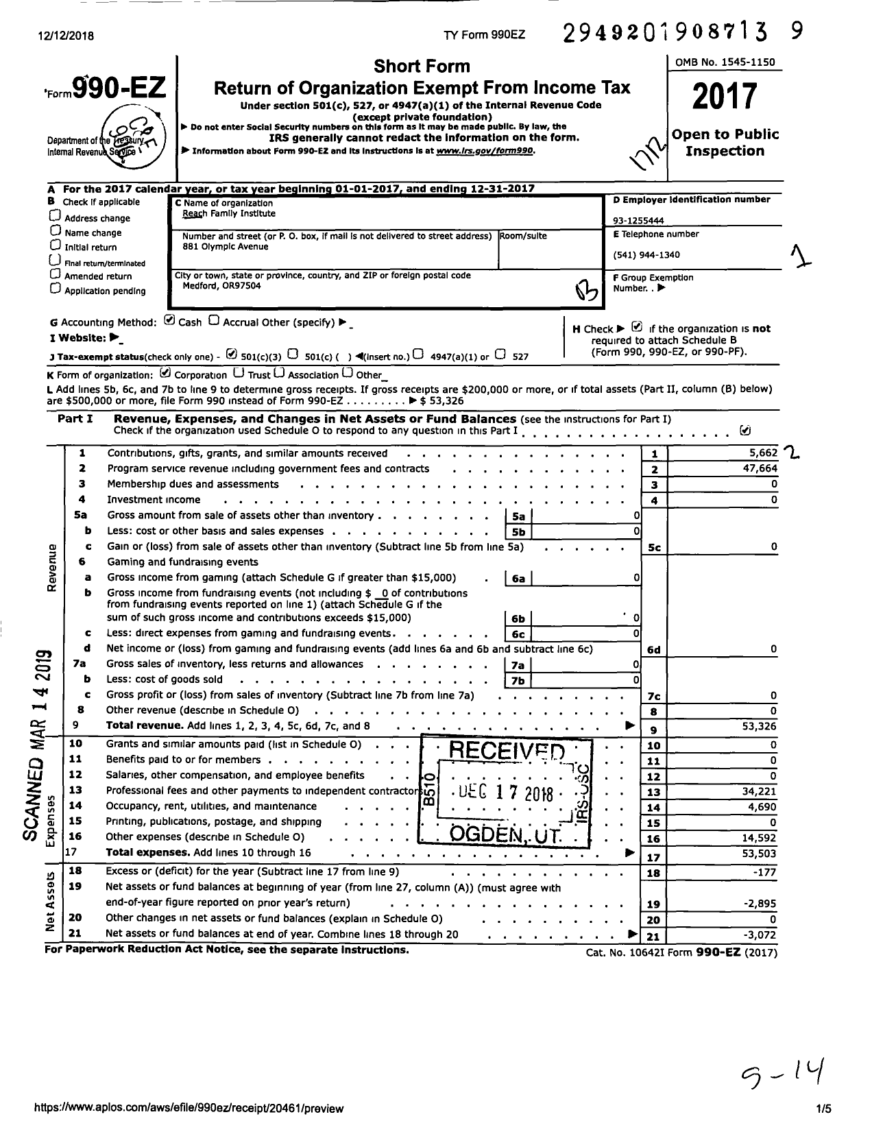 Image of first page of 2017 Form 990EZ for REACH Family Institute