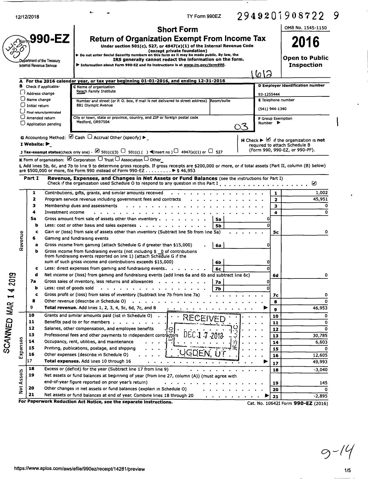 Image of first page of 2016 Form 990EZ for REACH Family Institute