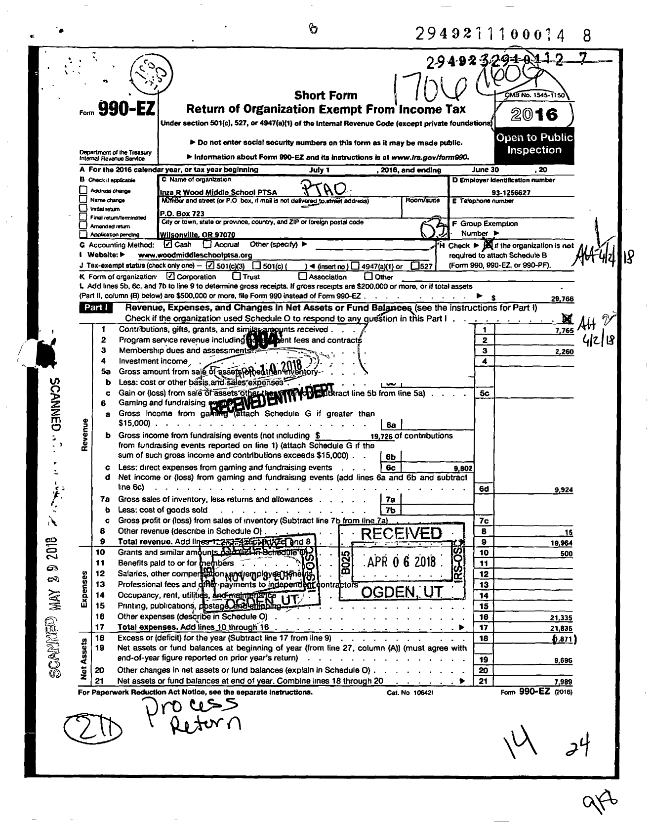 Image of first page of 2016 Form 990EZ for PTA Oregon Congress / Wood Middle PTA Inza