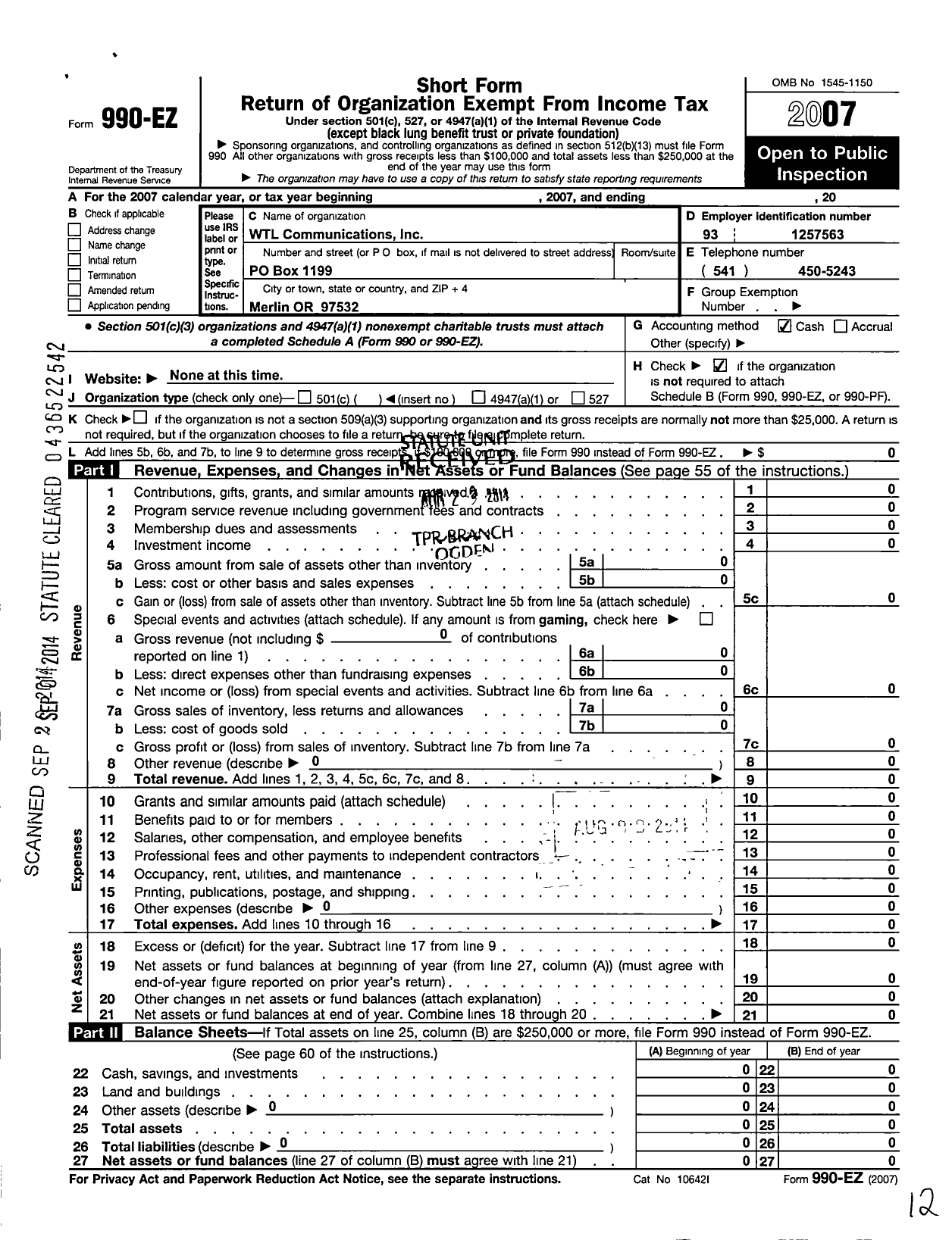 Image of first page of 2007 Form 990EO for WTL Communications