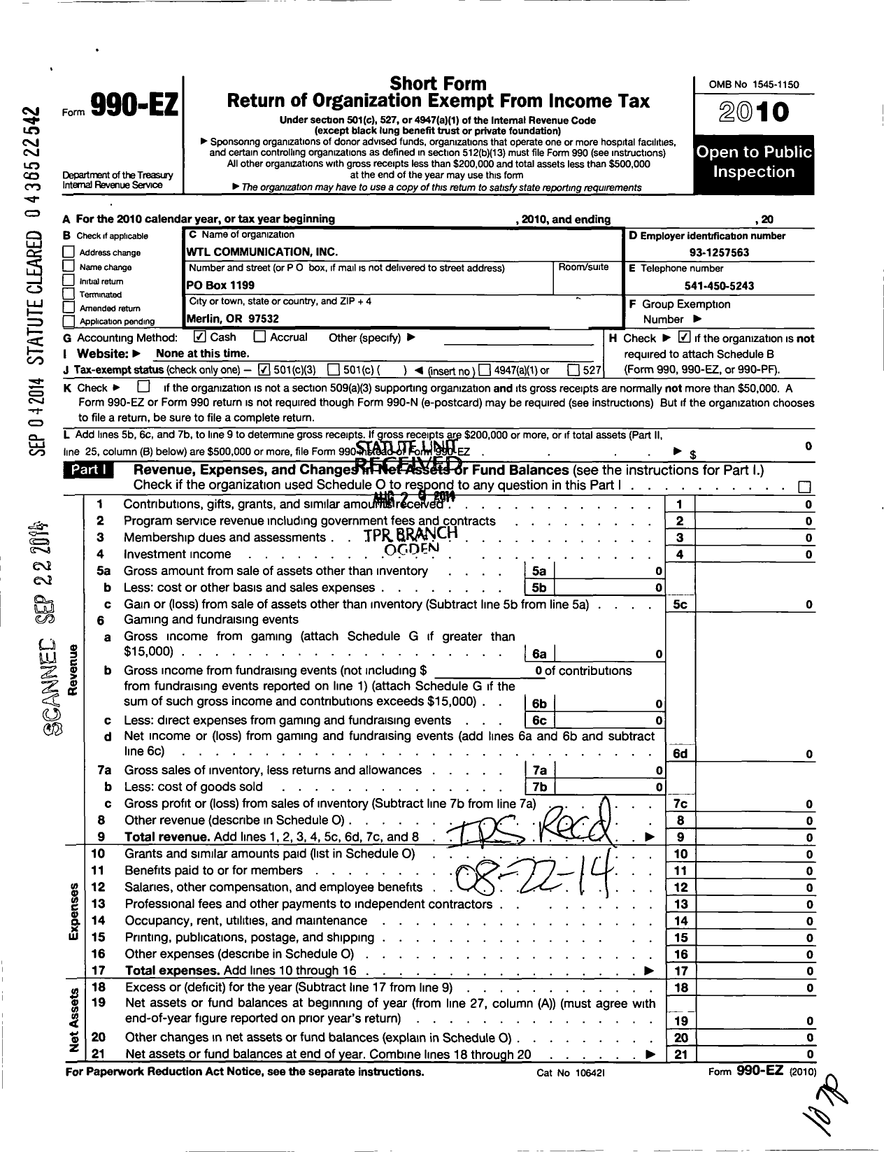 Image of first page of 2010 Form 990EZ for WTL Communications