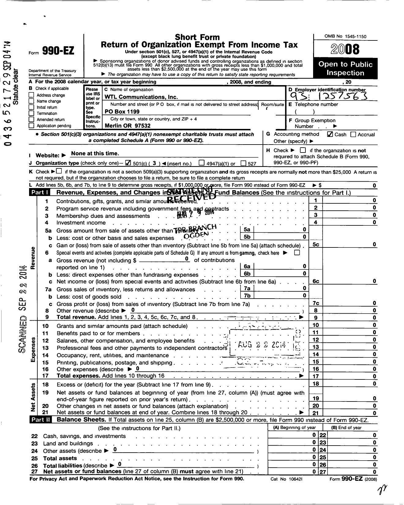 Image of first page of 2008 Form 990EZ for WTL Communications