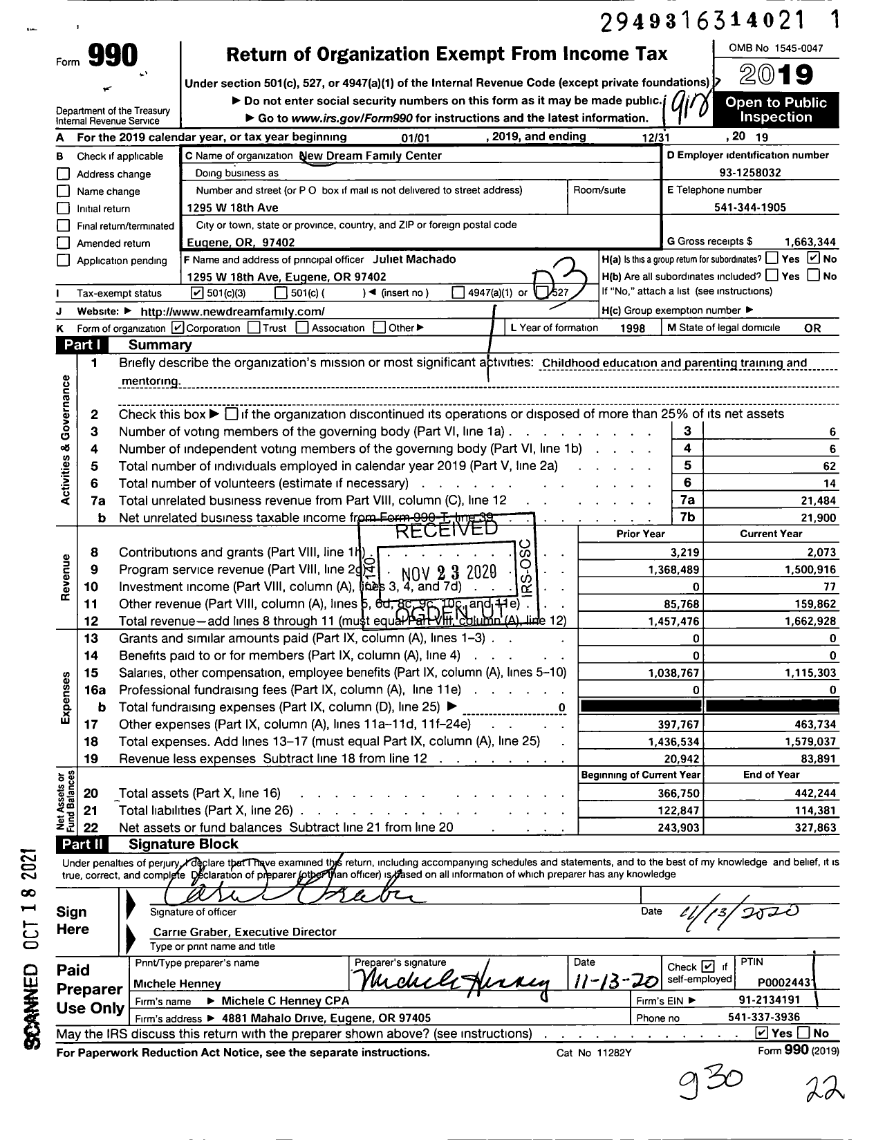 Image of first page of 2019 Form 990 for New Dream Family Center