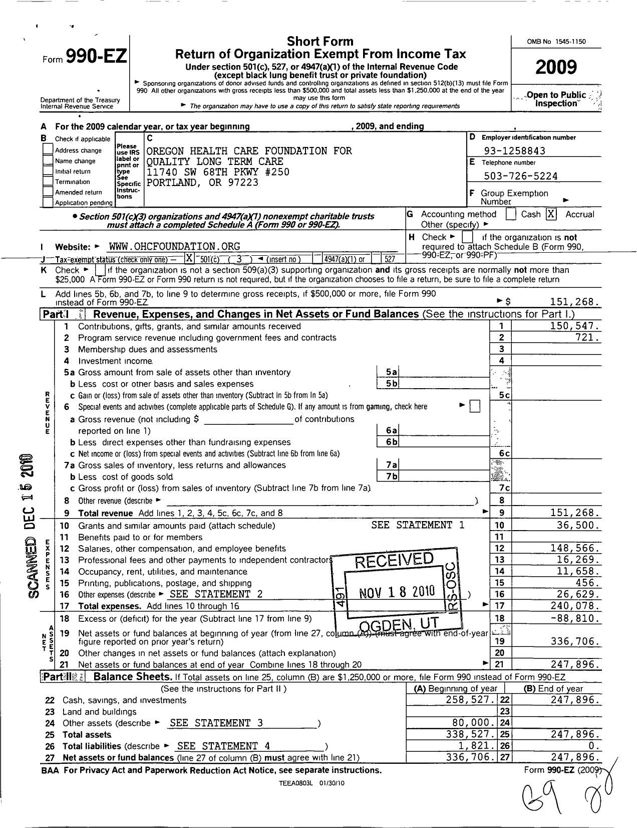 Image of first page of 2009 Form 990EZ for Oregon Eldercare Support Foundation