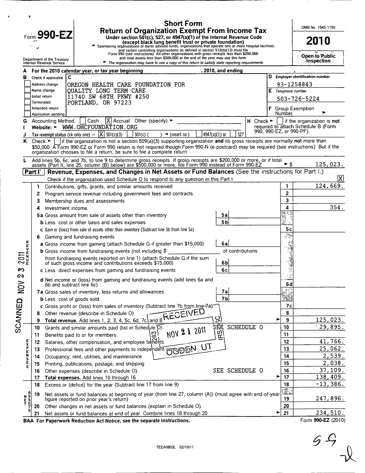 Image of first page of 2010 Form 990EZ for Oregon Eldercare Support Foundation