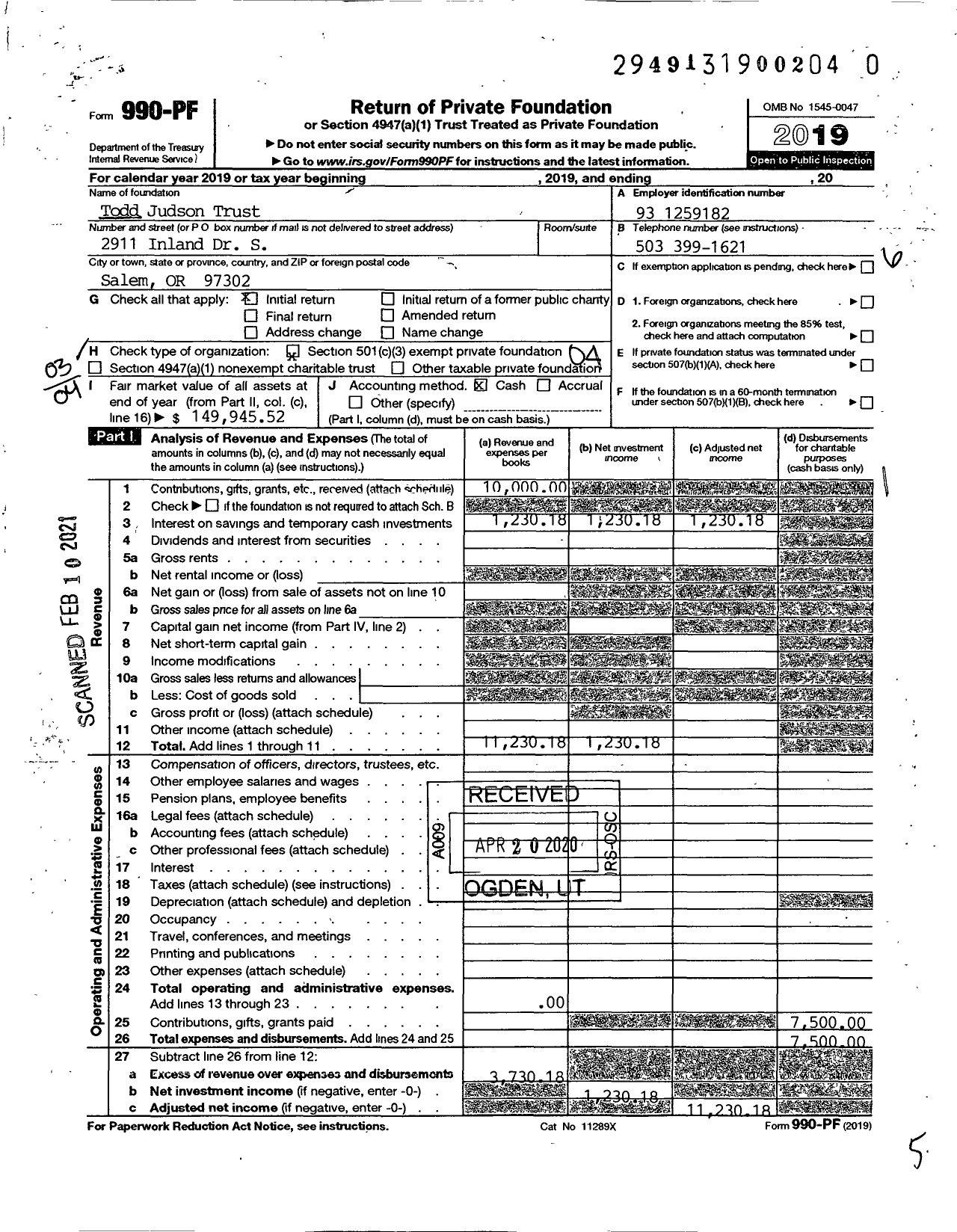 Image of first page of 2019 Form 990PF for Todd Judson Trust