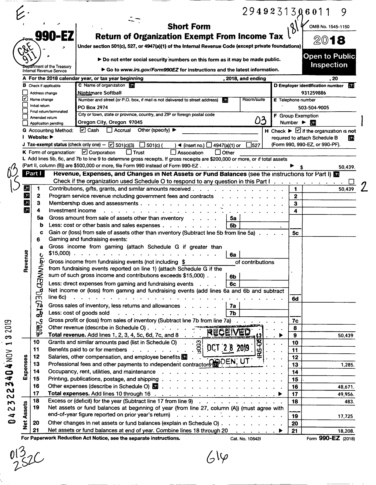 Image of first page of 2018 Form 990EZ for Nightmare Softball