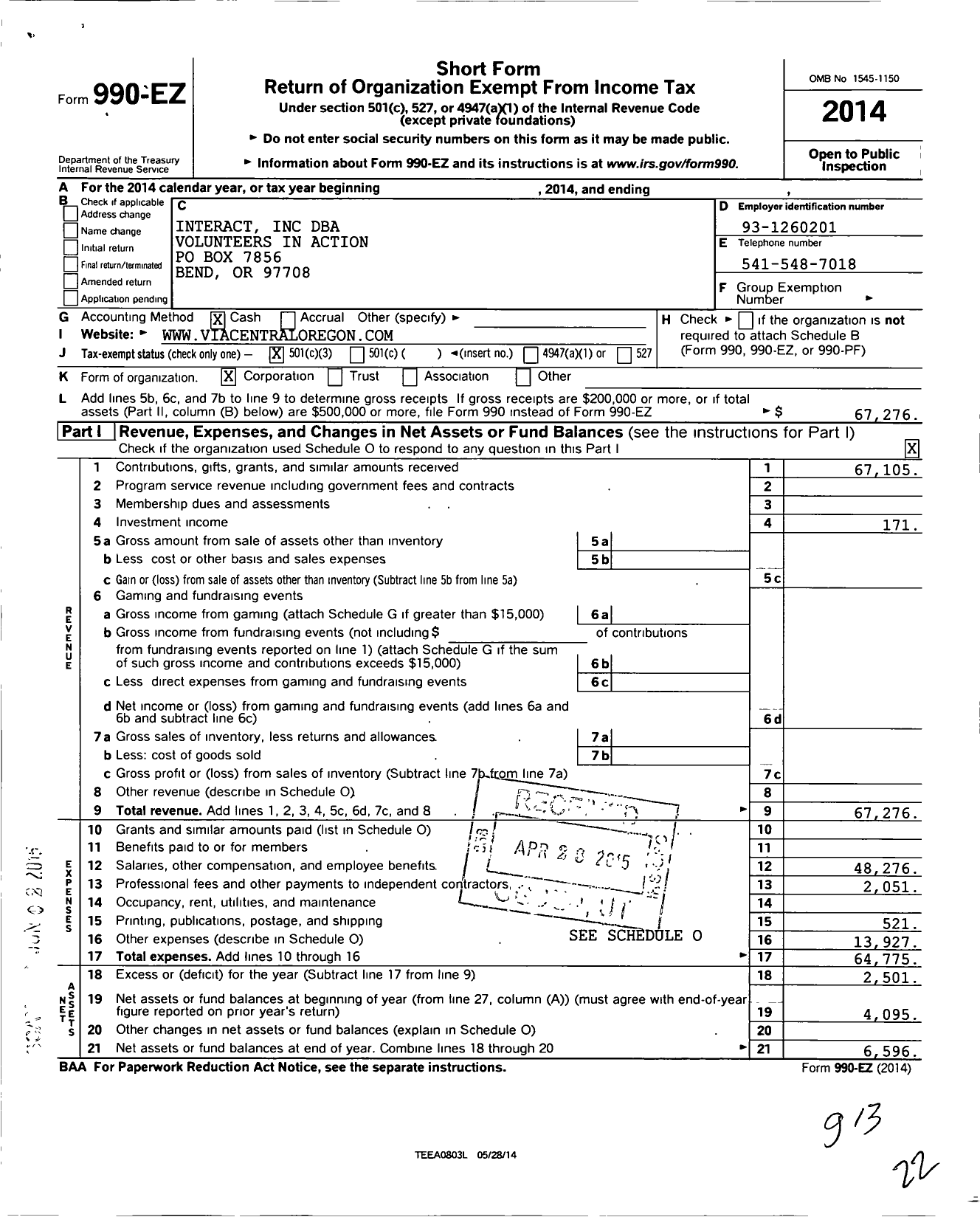 Image of first page of 2014 Form 990EZ for Volunteers Interact Action