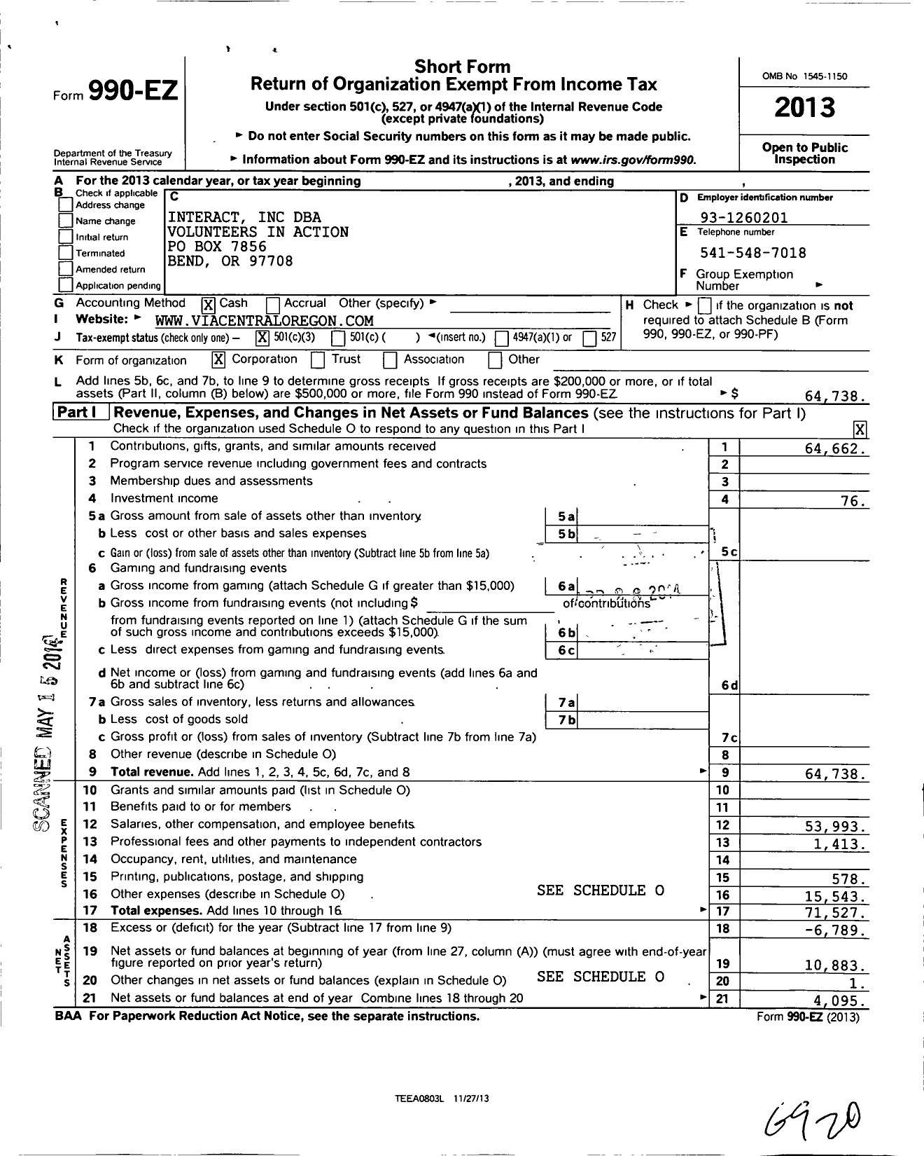 Image of first page of 2013 Form 990EZ for Volunteers Interact Action