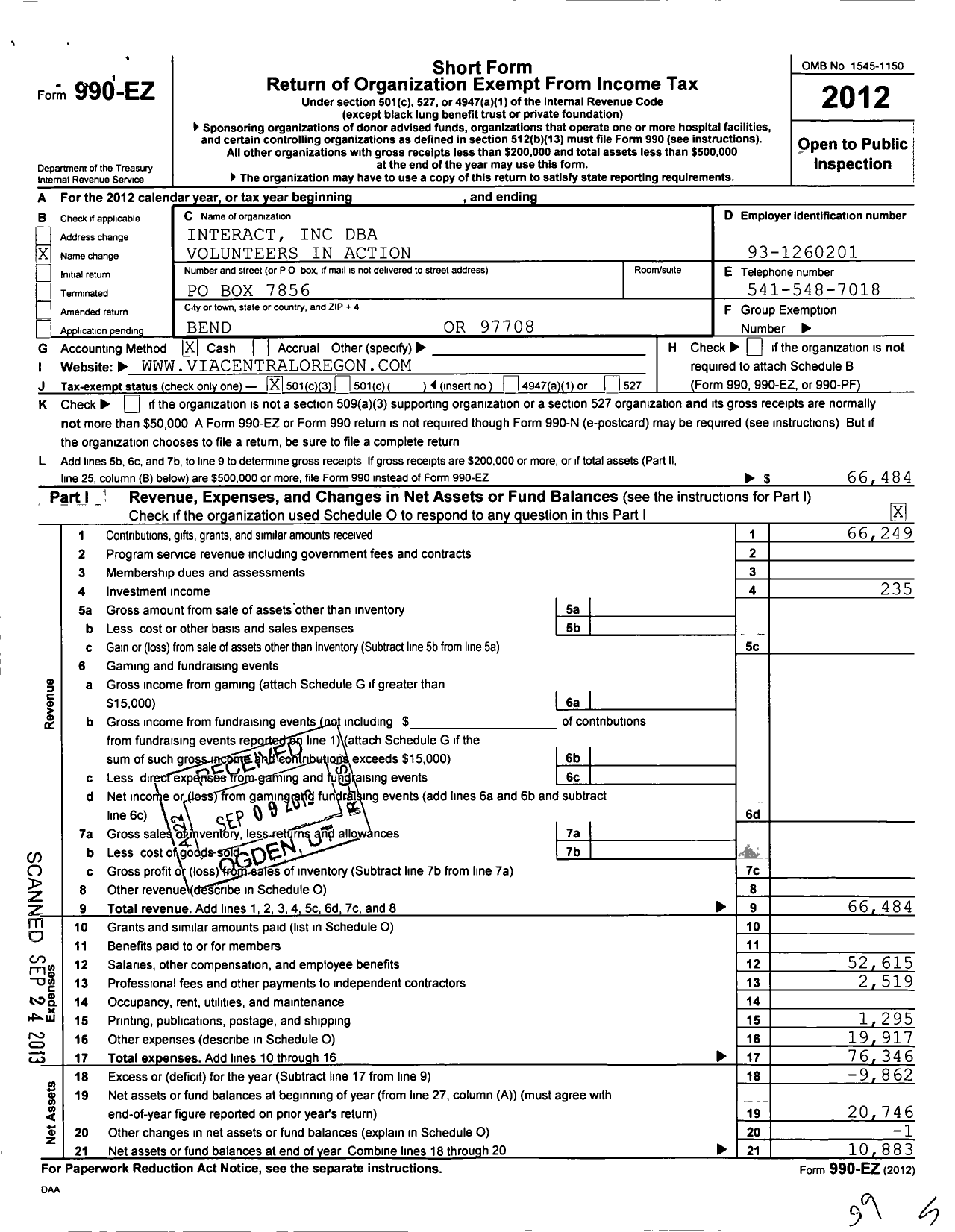 Image of first page of 2012 Form 990EZ for Volunteers Interact Action