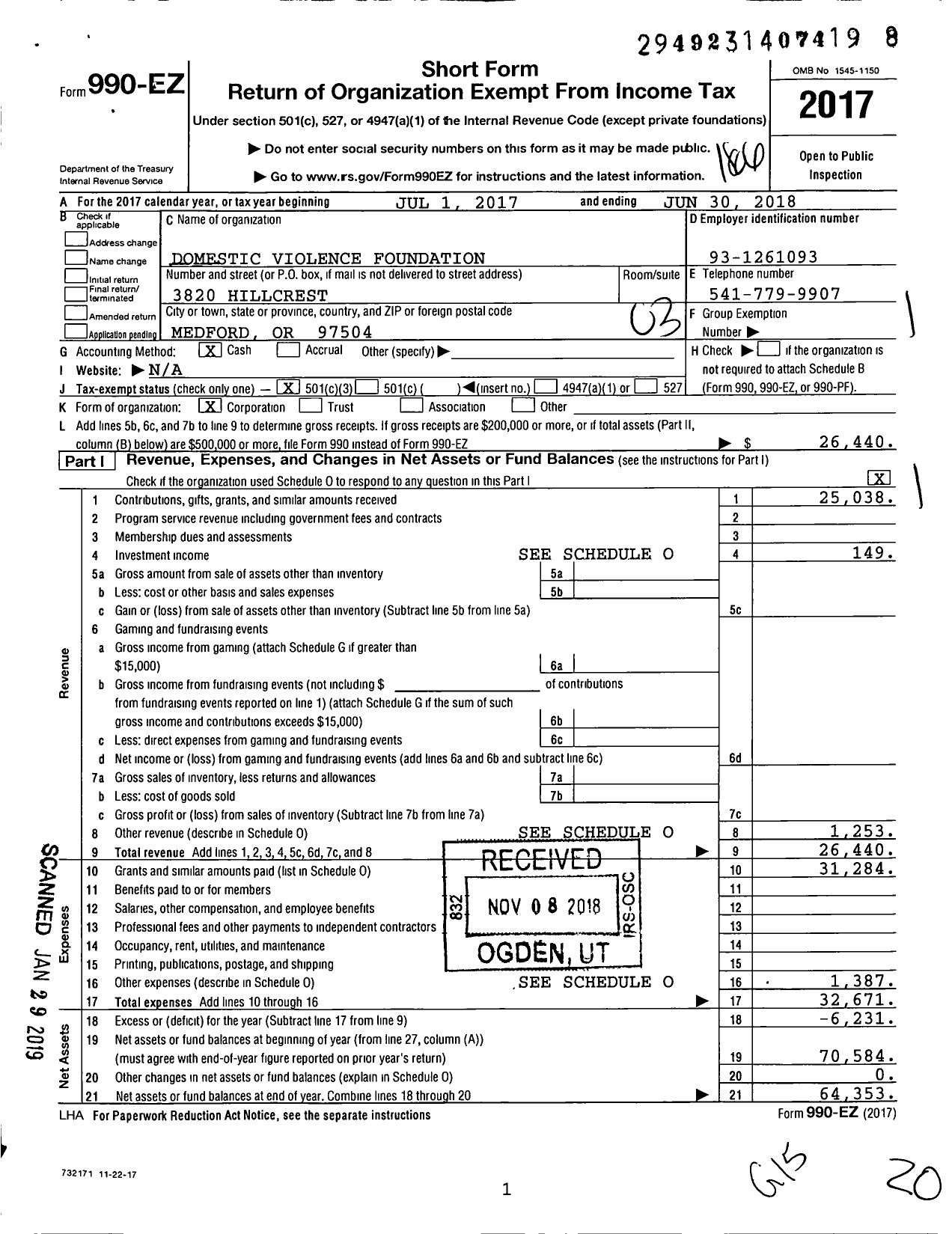 Image of first page of 2017 Form 990EZ for Domestic Violence Foundation