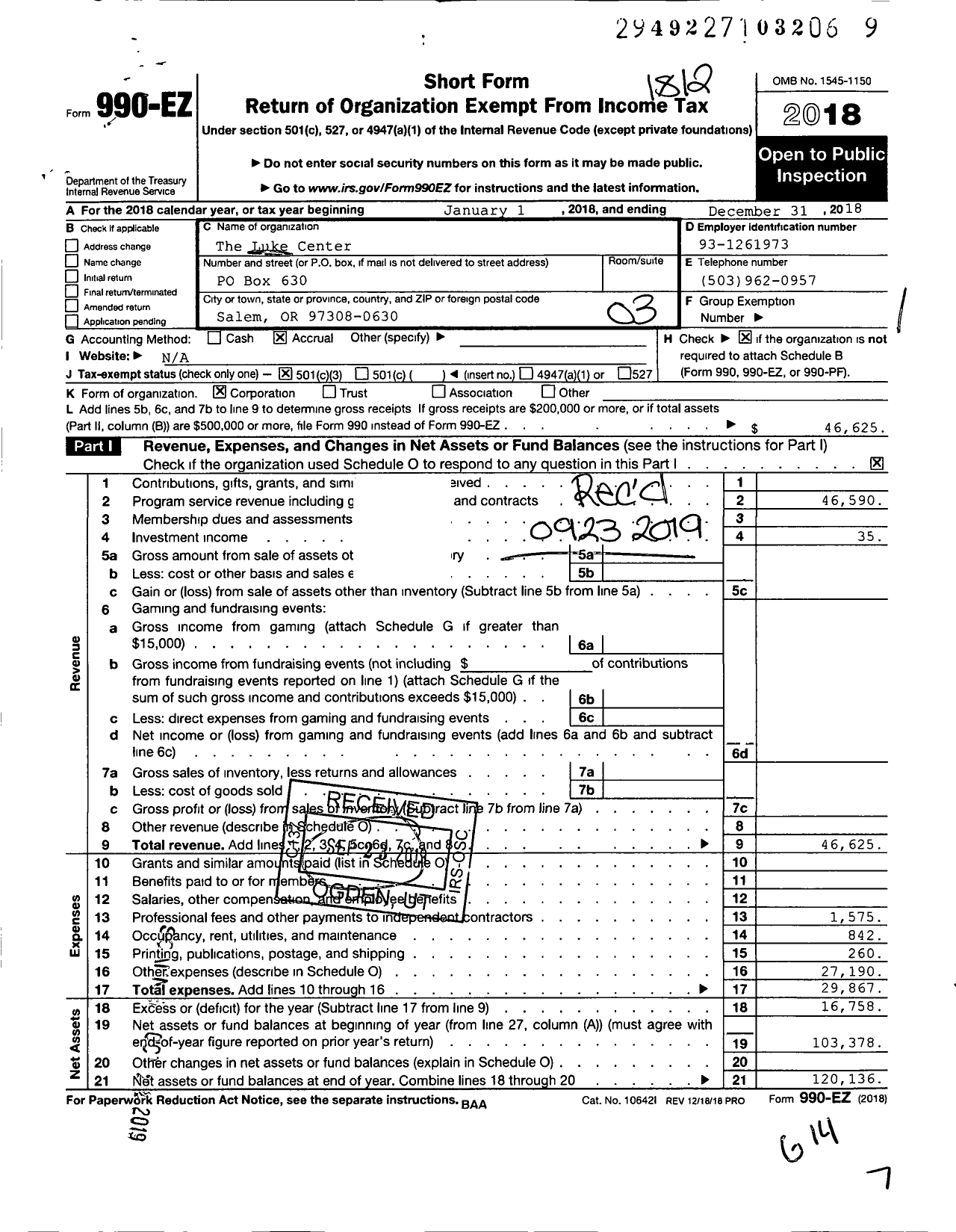 Image of first page of 2018 Form 990EZ for The Luke Center