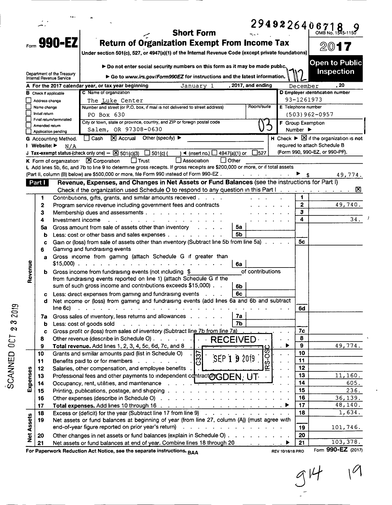 Image of first page of 2017 Form 990EZ for The Luke Center