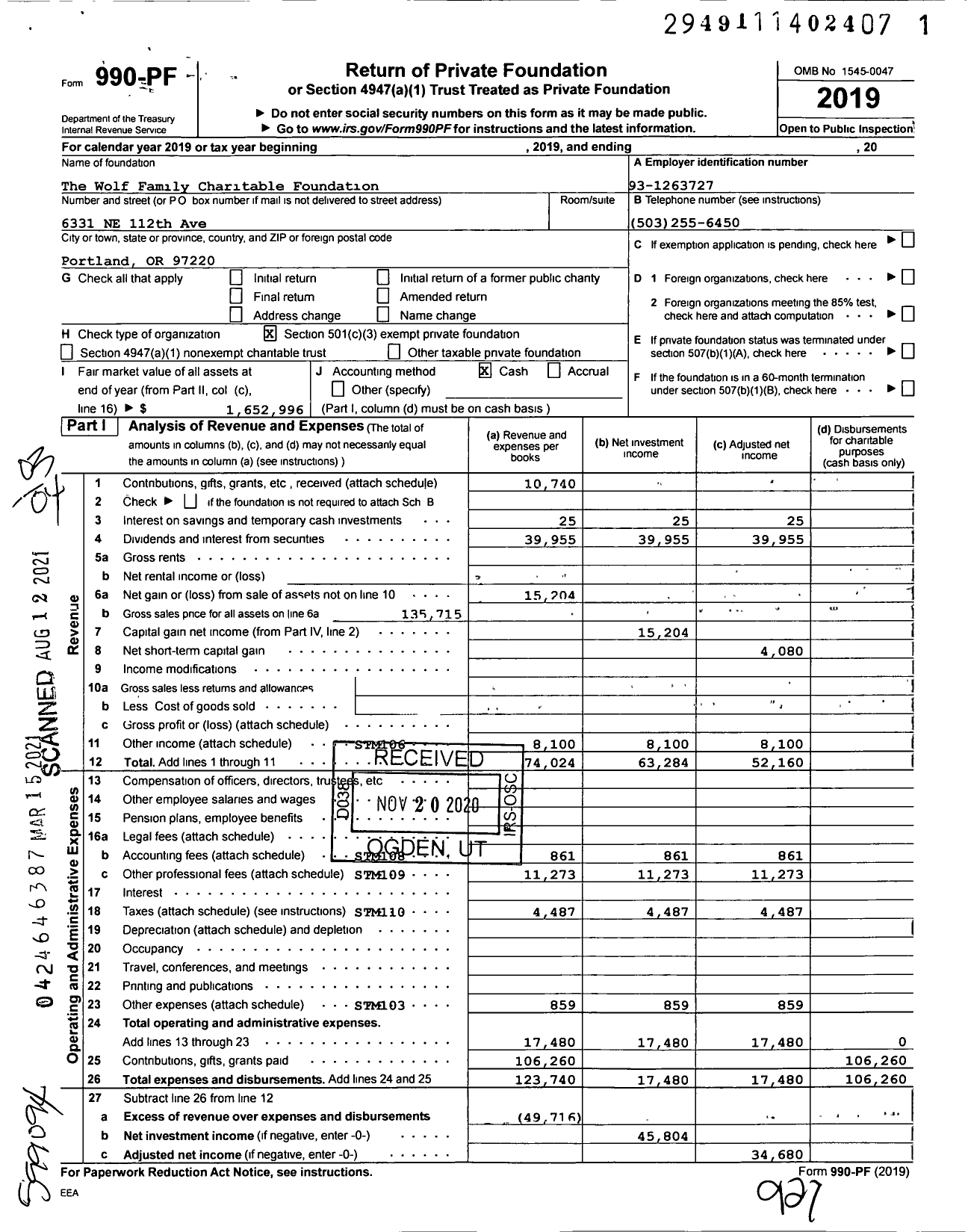 Image of first page of 2019 Form 990PF for Wolf Family Charitable Foundation